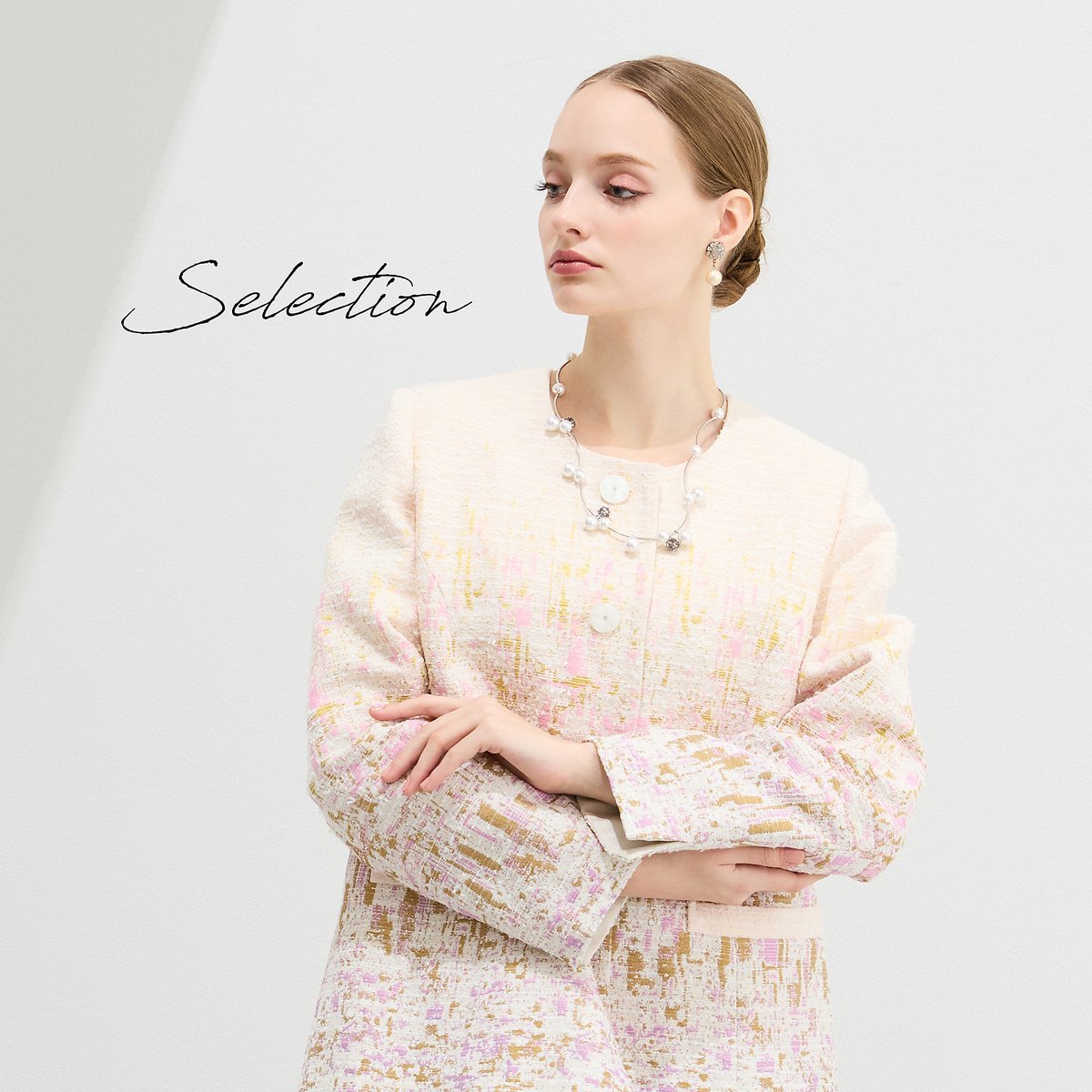 Liliane Burty 【11~17号】フランス製素材ジャカードノーカラージャケット リリアンビューティ ジャケット・アウター ノーカラージャケット ピンク