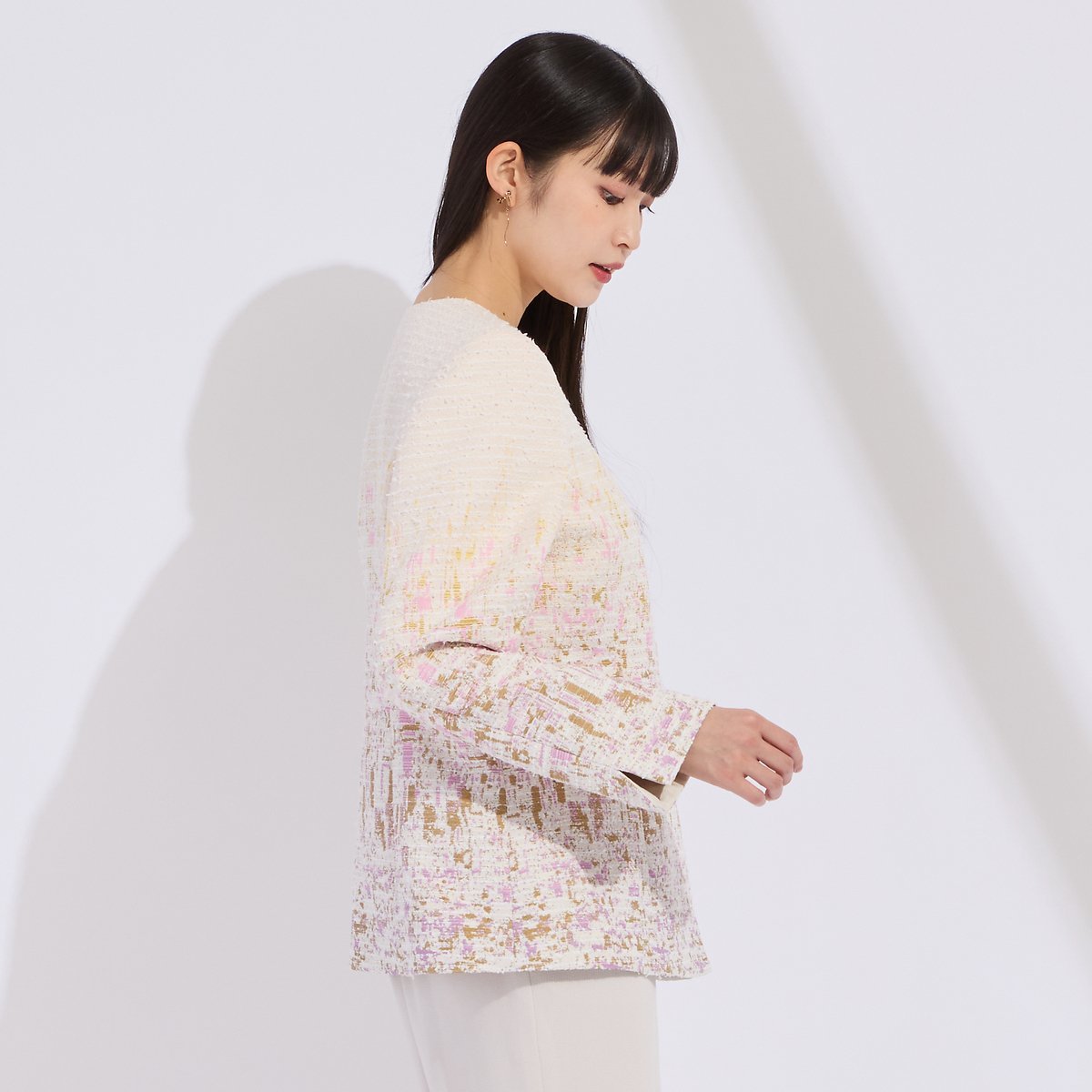Liliane Burty 【11~17号】フランス製素材ジャカードノーカラージャケット リリアンビューティ ジャケット・アウター ノーカラージャケット ピンク