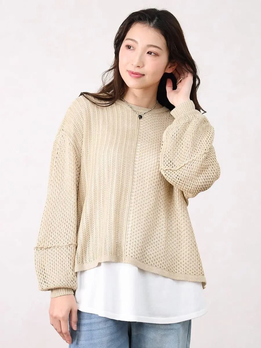 【SALE／28%OFF】Vin レイヤード風ドッキングラメニット ヴァン トップス ニット ベージュ グレー【送料無料】