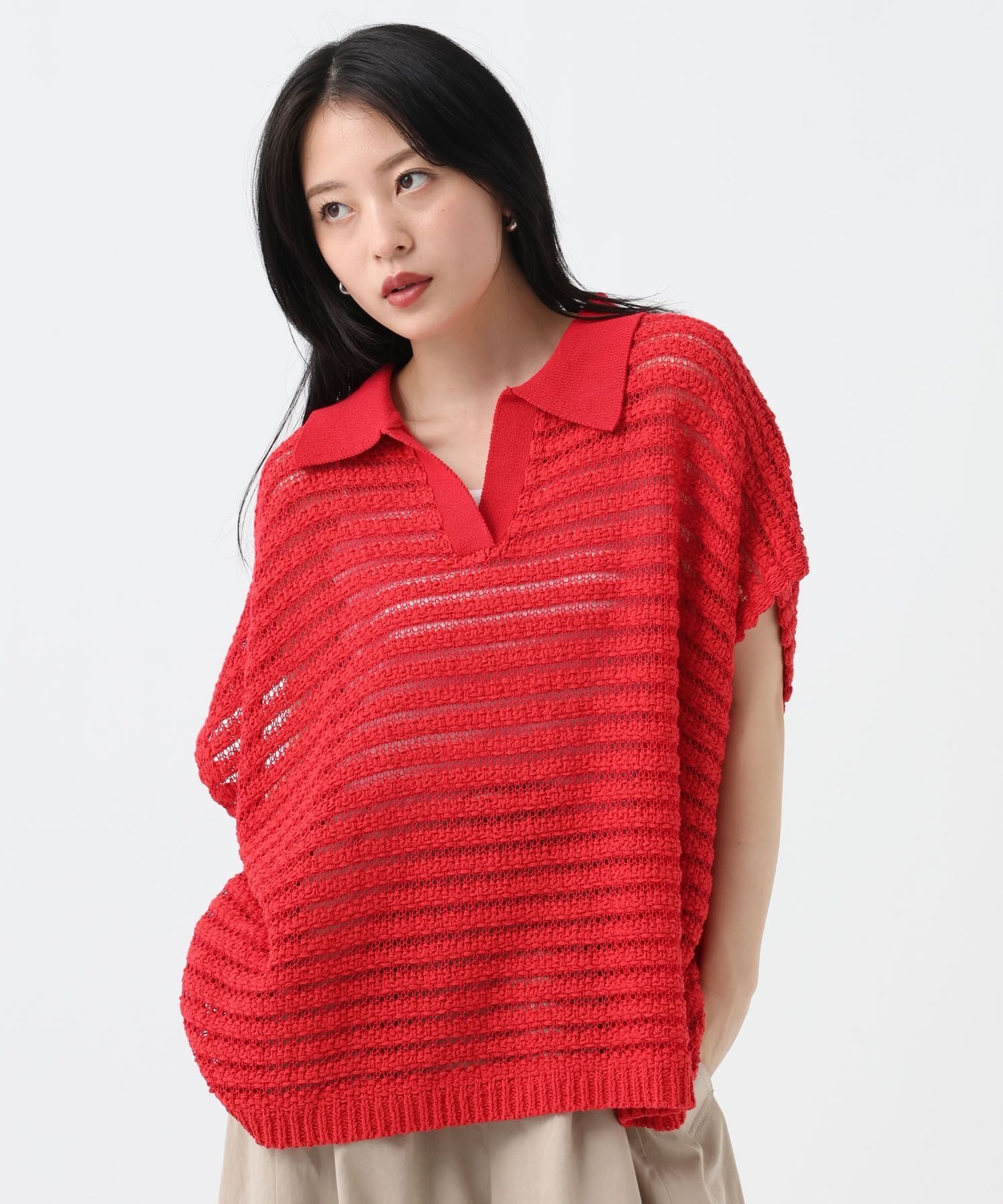 JEANASIS 3GジャガードニットポロSS ジーナシス トップス ニット ブラック ホワイト レッド