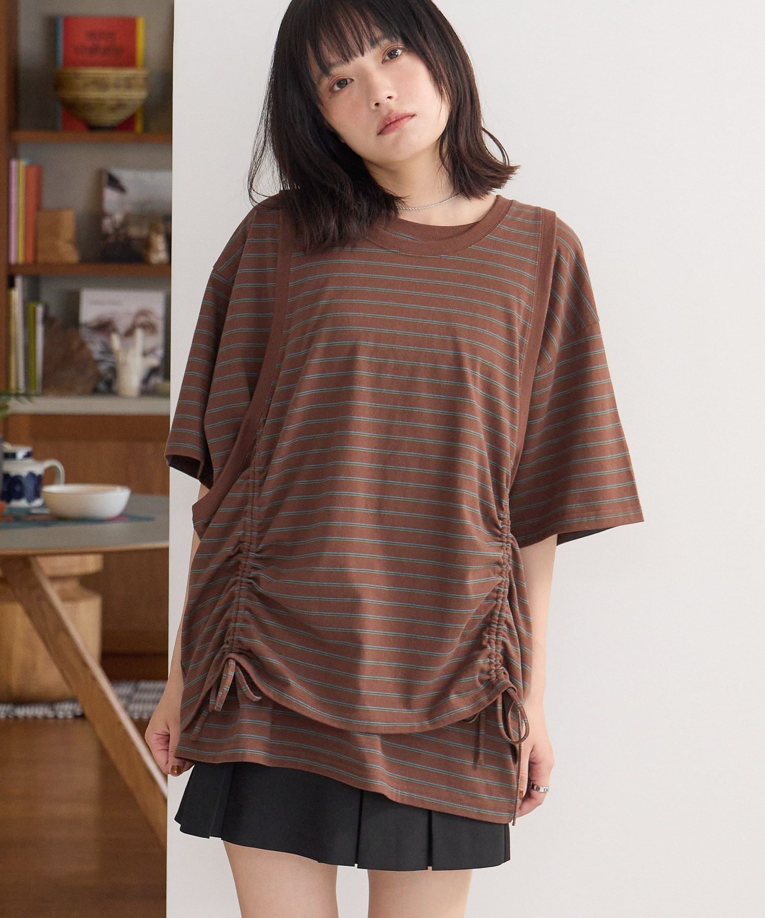 PAGEBOYLIM 【PBLIM】レイヤードボーダーT ページボーイ トップス カットソー・Tシャツ ネイビー ブラウン
