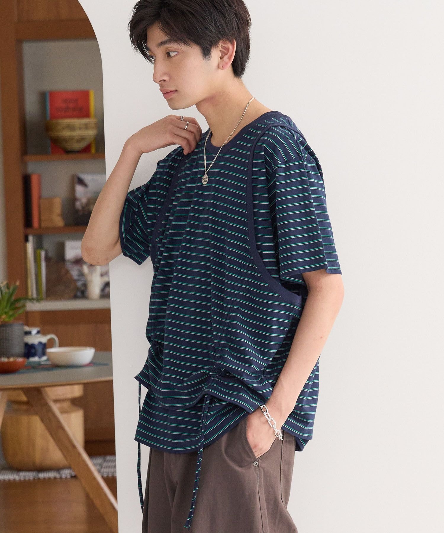 PAGEBOYLIM 【PBLIM】レイヤードボーダーT ページボーイ トップス カットソー・Tシャツ ネイビー ブラウン
