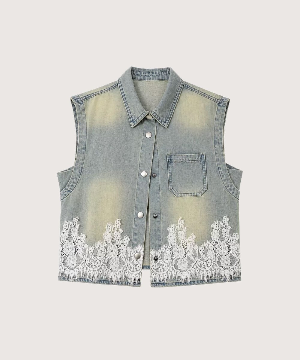 LA POMME petit Retro Lace Deco Denim Vest ラポミ・プチ トップス ベスト・ジレ ブルー【送料無料】