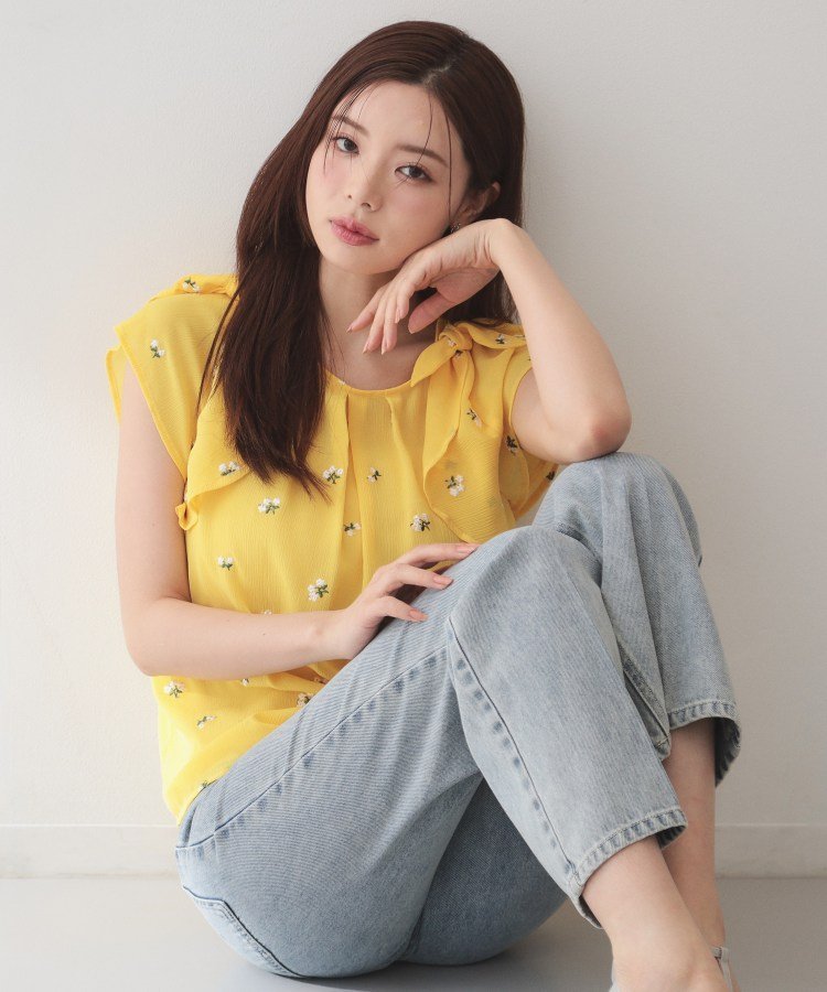 index 2wayフリルリボン刺繍ブラウス【洗濯機OK/イージーアイロン】 インデックス トップス シャツ・ブラウス ネイビー イエロー グレー