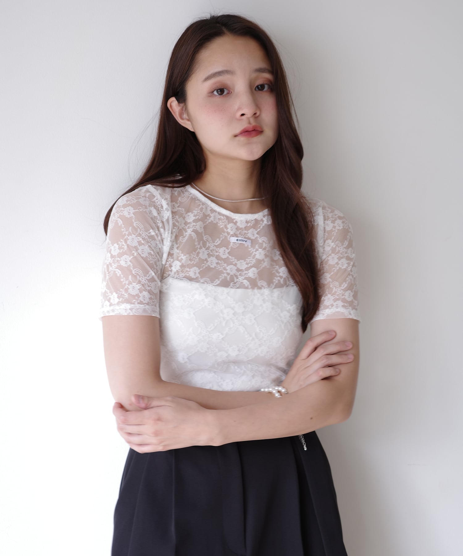 【SALE／50%OFF】eimy istoire レーストップス エイミーイストワール トップス カットソー・Tシャツ ホワイト ブラック【送料無料】