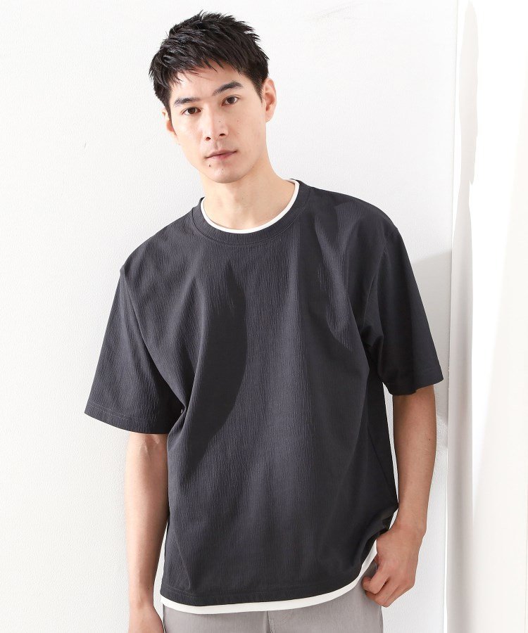 【SALE／36%OFF】THE SHOP TK 楊柳フェイクレイヤード半袖Tシャツ 【吸水速乾/毛玉になりにくい/洗濯機OK】 ザ ショップ ティーケー トップス カットソー・Tシャツ グレー ブルー ブラウン