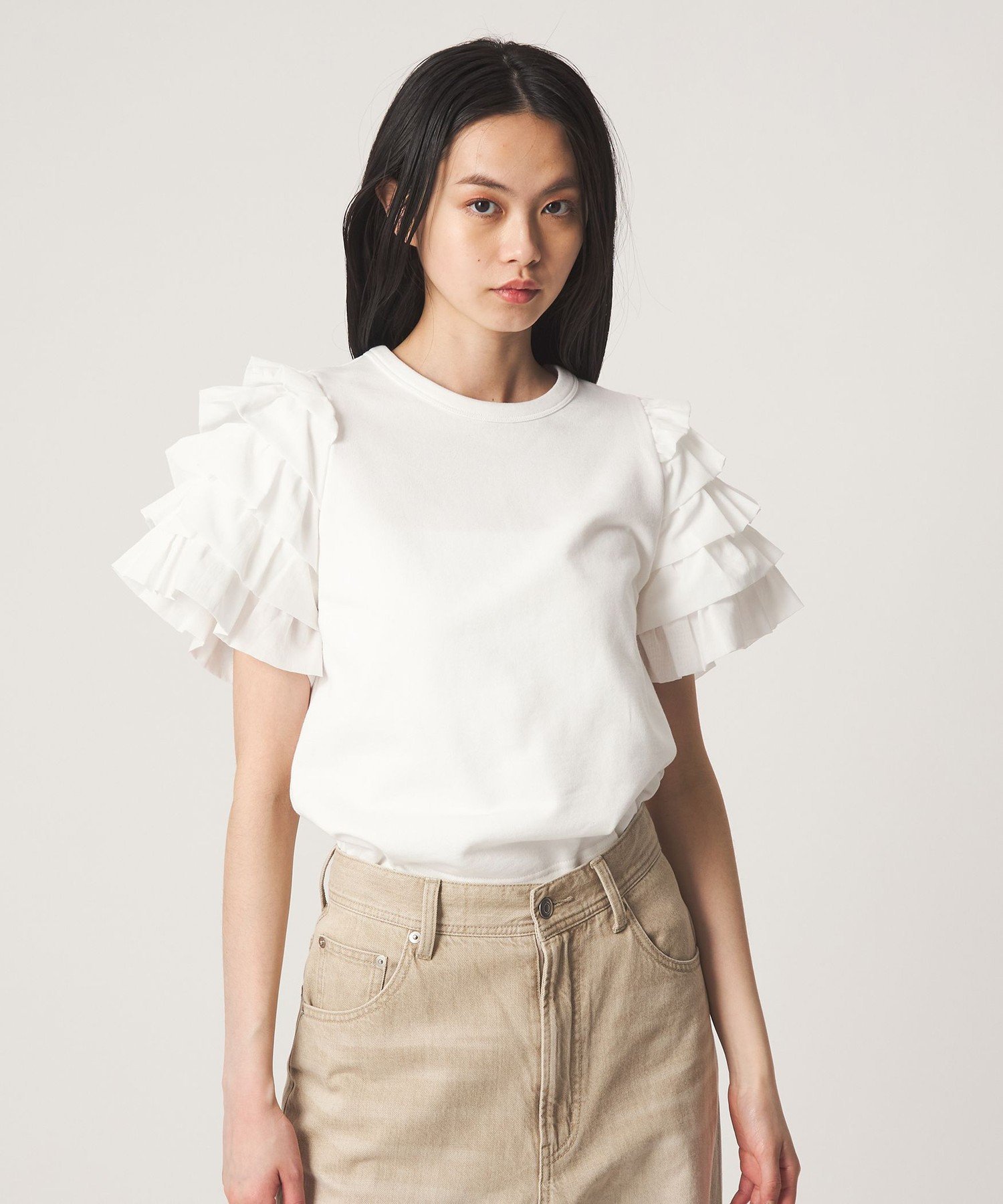 ＜EMMEL REFINES＞EM ソデフリル プルオーバー ユナイテッドアローズ グリーンレーベルリラクシング トップス カットソー・Tシャツ ブラック ホワイト