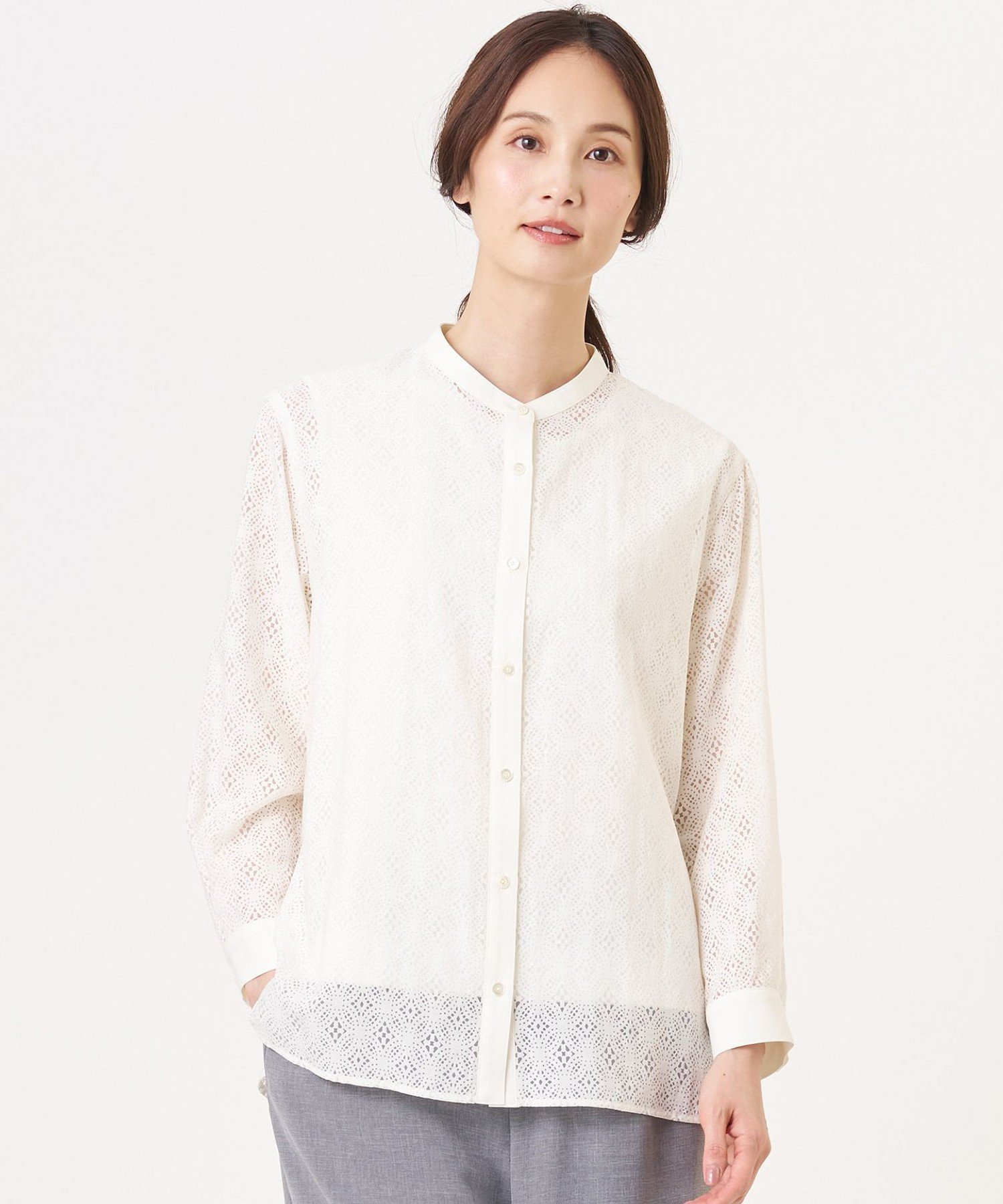 J.PRESS LADIES L 【一枚で着映え】幾何オパール バンドカラー シャツ ブラウス ジェイプレス トップス シャツ・ブラウス ベージュ ネイビー グレー