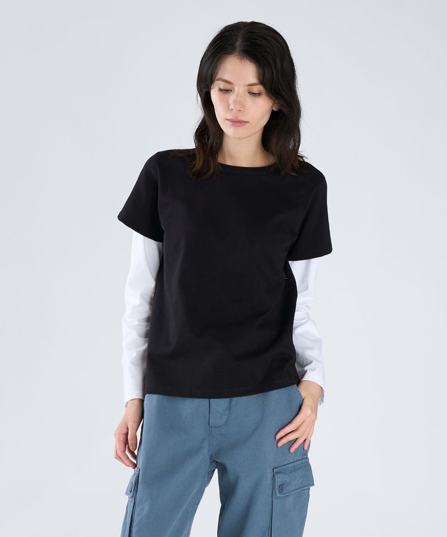コットン レイヤード Tシャツ "2 manches Oppo" アニエスベー トップス カットソー・Tシャツ ブラック