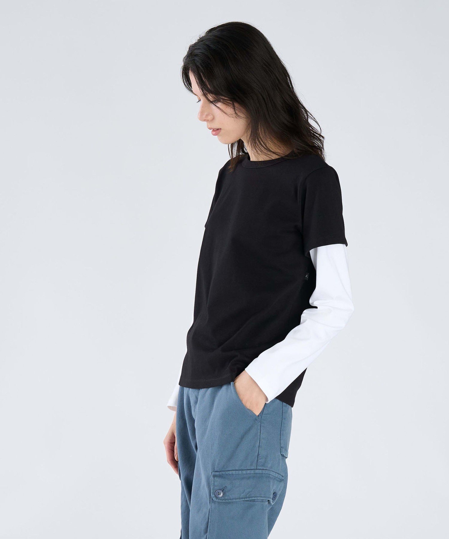 コットン レイヤード Tシャツ "2 manches Oppo" アニエスベー トップス カットソー・Tシャツ ブラック