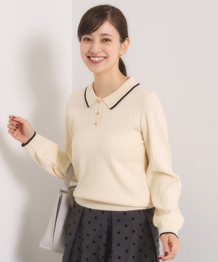 ITS' DEMO 【手洗い可】配色ポロ襟リブニット イッツデモ トップス ニット ホワイト ピンク ベージュ ブラックのサムネイル