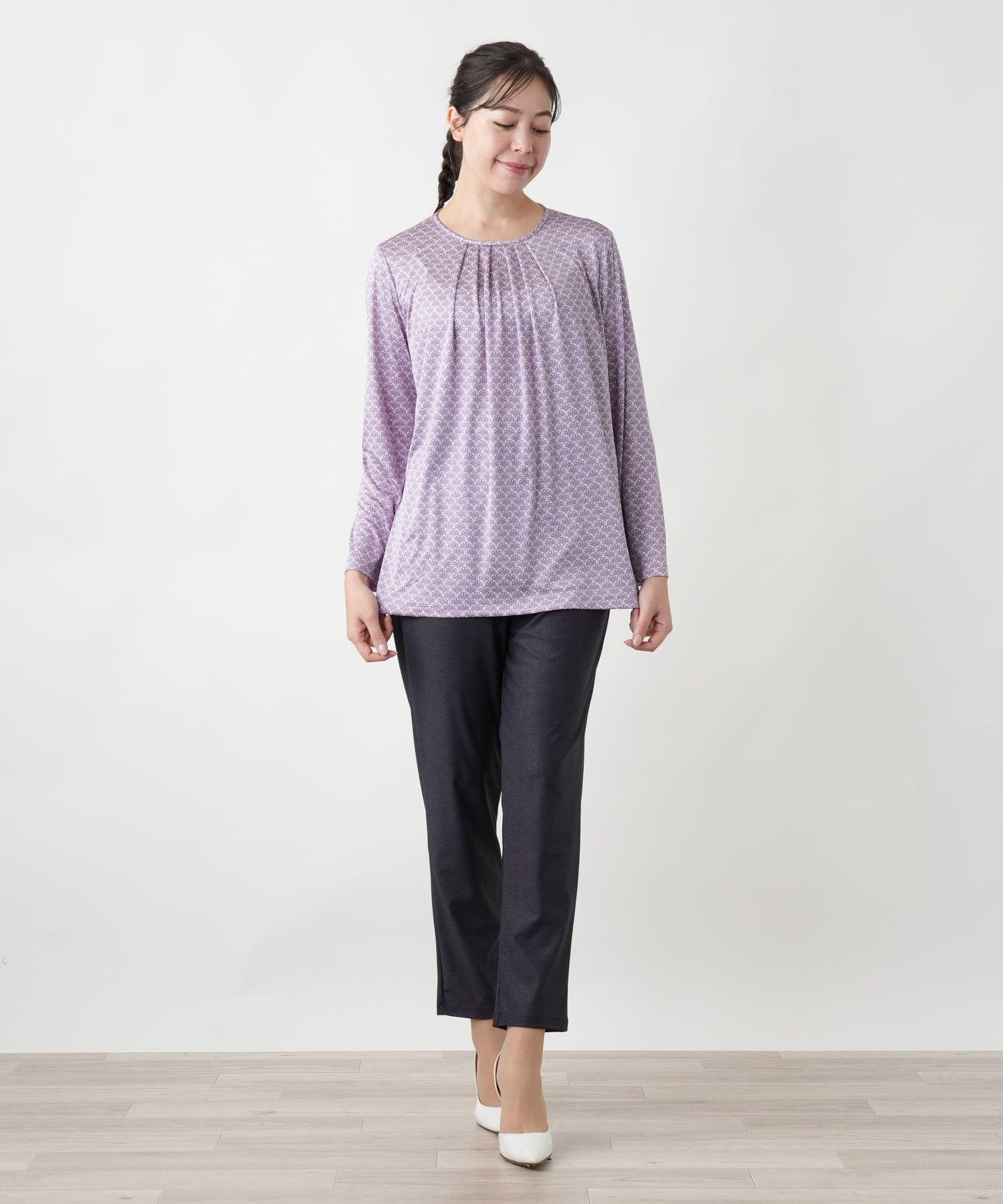 Leilian PLUS HOUSE 【店頭人気】プリントクルーネックカットソー【ROCHAS Premiere】 レリアン プラスハウス トップス カットソー・Tシャツ パープル ブルー