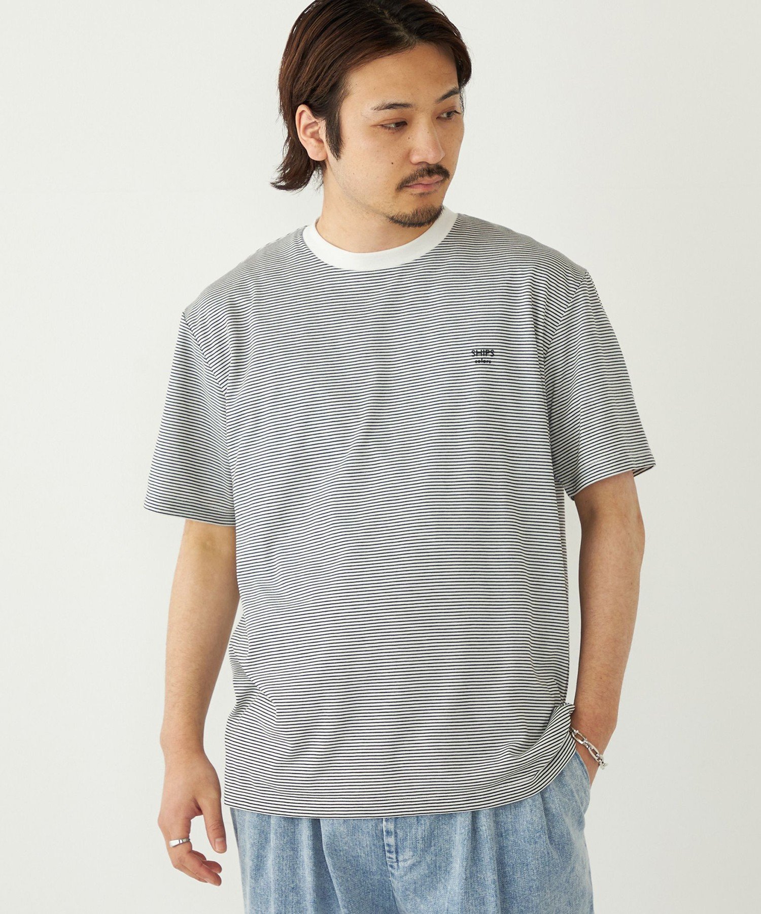 SHIPS Colors SHIPS Colors:＜速乾＞CAVE(R) ワンポイント ロゴ ボーダー Tシャツ◇ シップス トップス カットソー・Tシャツ ブルー ホワイト ブラック