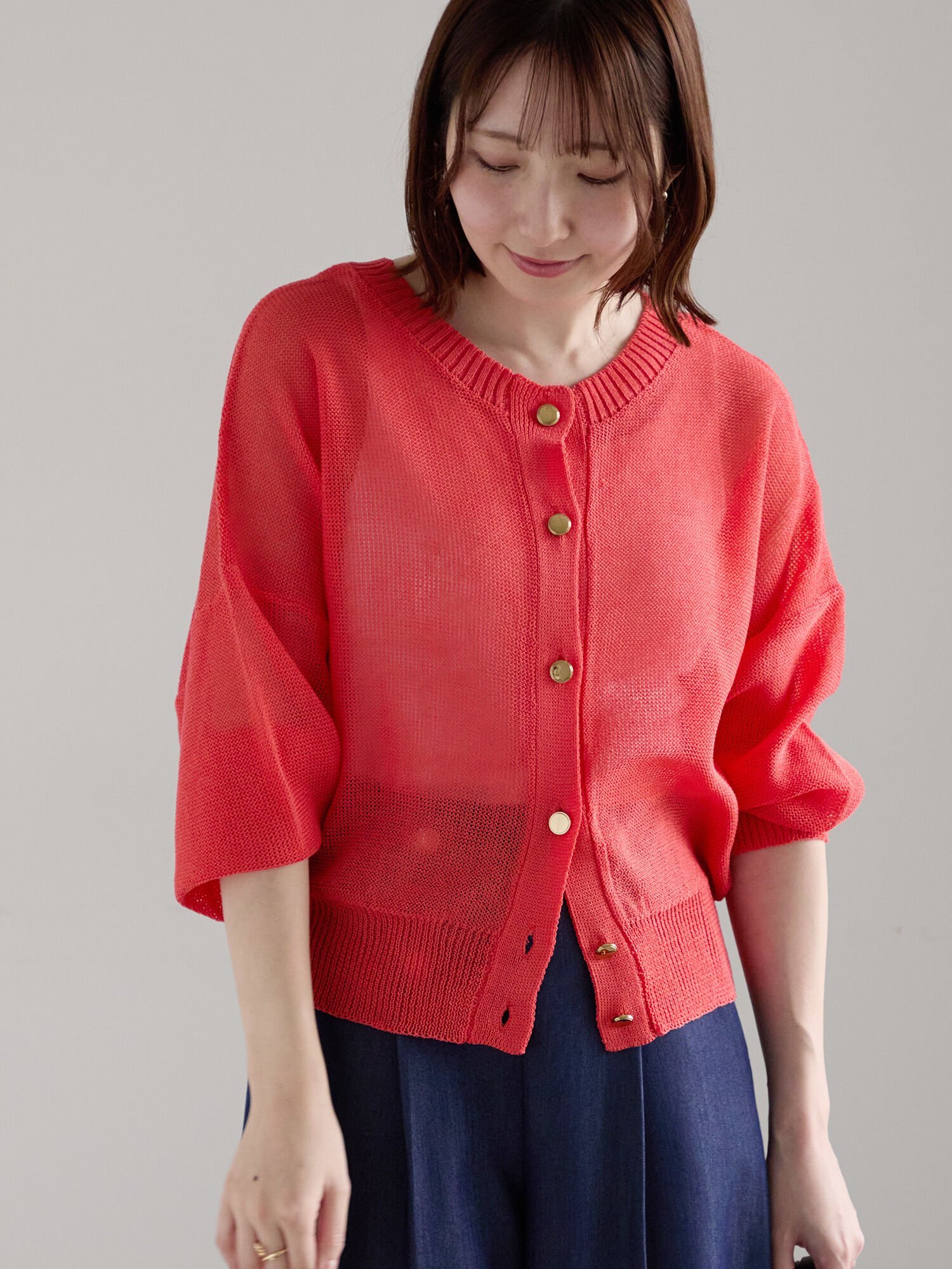 Te chichi 【WEB限定カラーあり】ペーパータッチヤーン2wayメッシュニット テチチ トップス ニット ホワイト レッド グレー ピンク グリーン ブルー