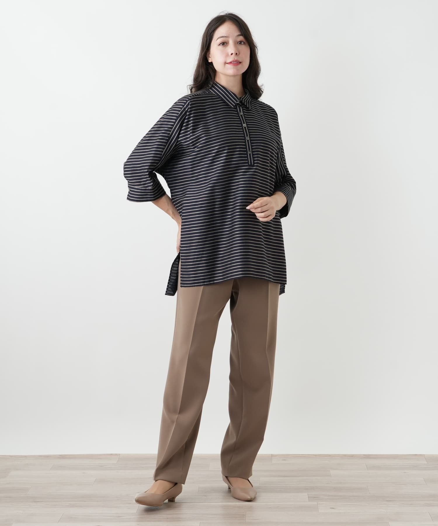 Leilian PLUS HOUSE ストライプブラウス【ROCHAS Premiere】 レリアン プラスハウス トップス シャツ・ブラウス ネイビー