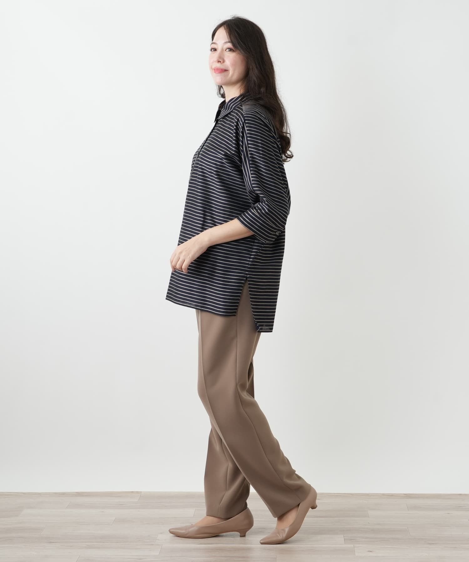 Leilian PLUS HOUSE ストライプブラウス【ROCHAS Premiere】 レリアン プラスハウス トップス シャツ・ブラウス ネイビー