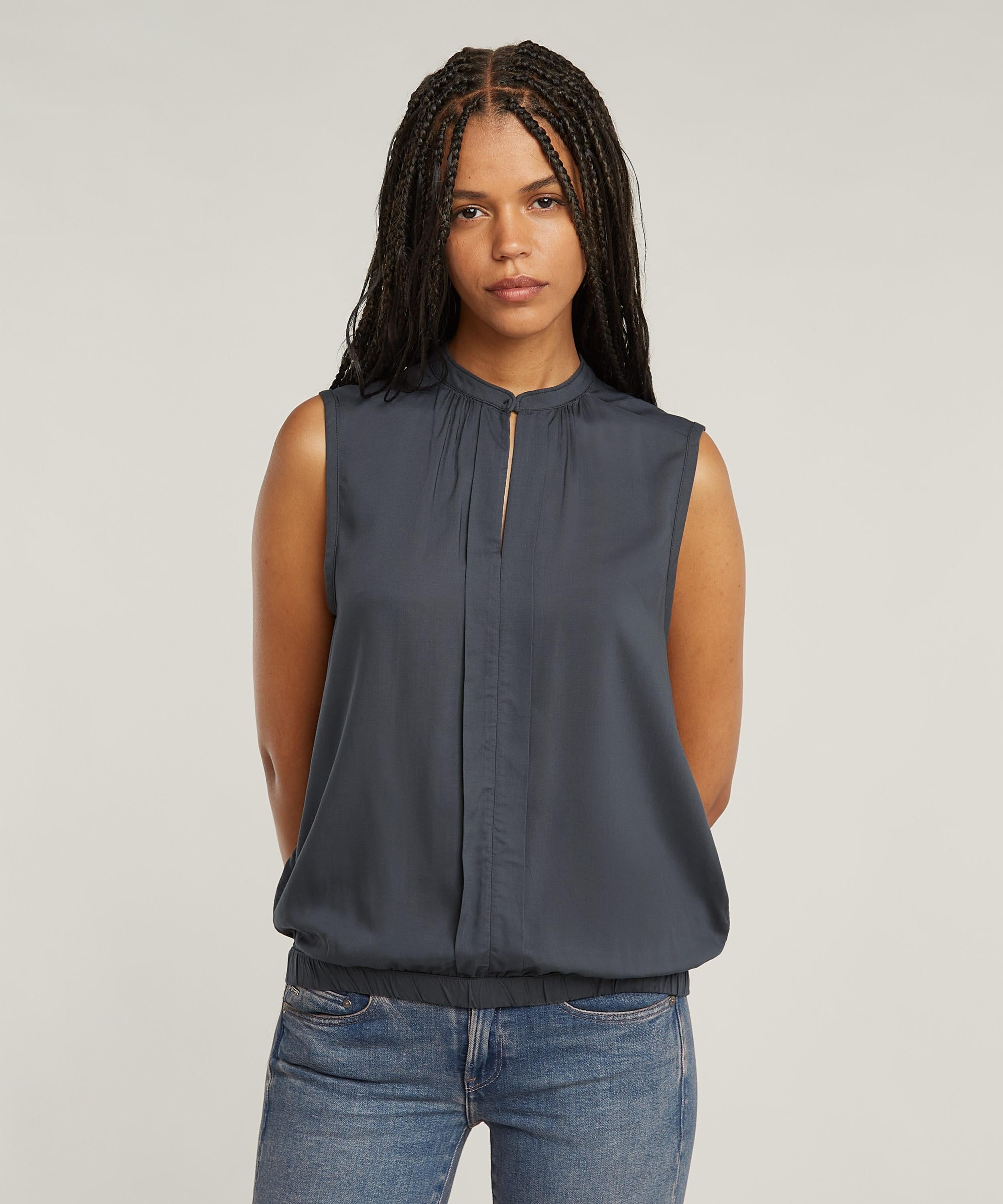 【公式ショップ】Stand Up Collar Top/スタンドカラーフロントプリーツデザインウーブントップス ジースターロゥ トップス ノースリーブ・タンクトップ グレー