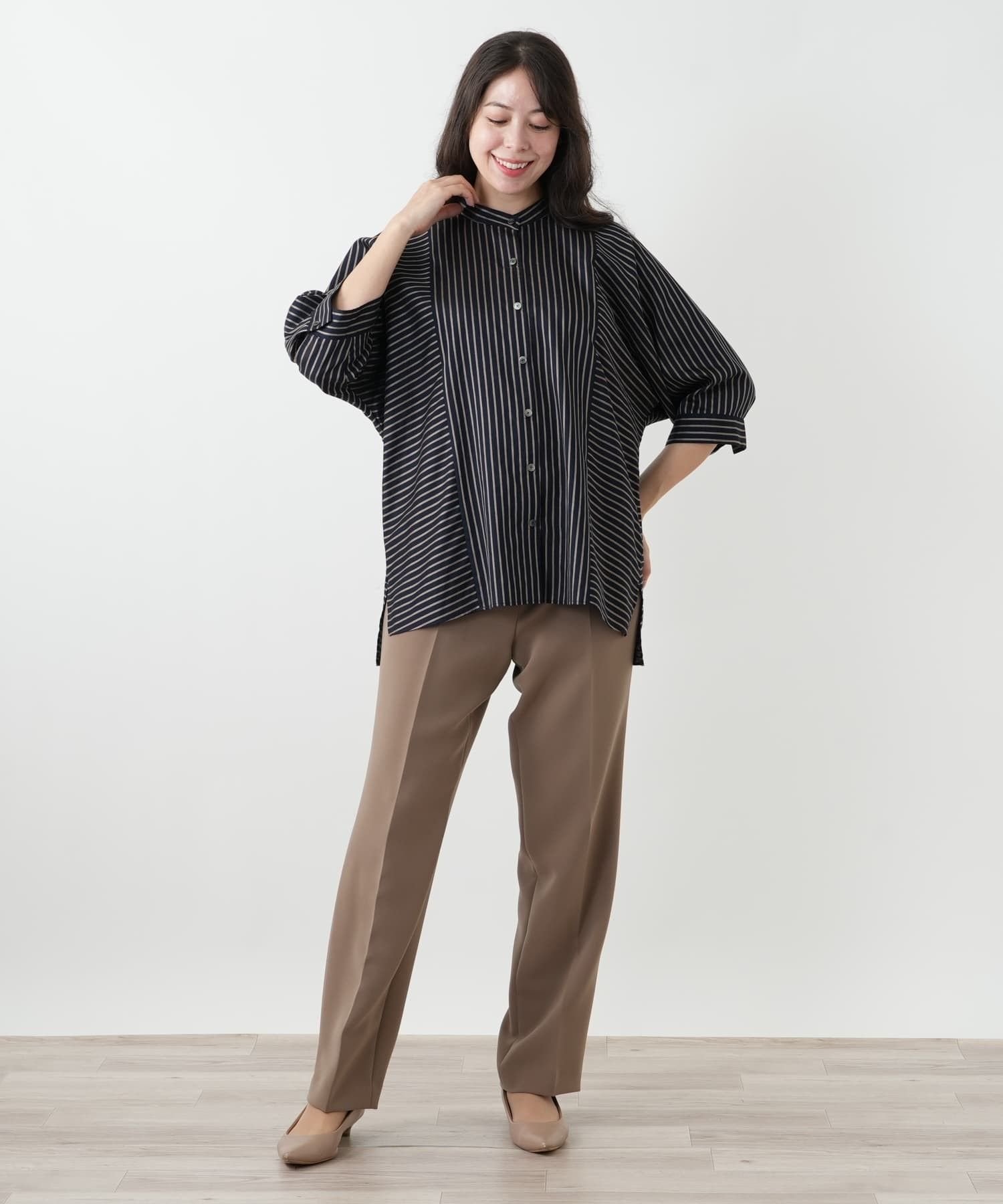 【SALE／50%OFF】Leilian PLUS HOUSE ストライプバンドカラーブラウス【ROCHAS Premiere】 レリアン　プラスハウス トップス シャツ・ブラウス ネイビー【送料無料】