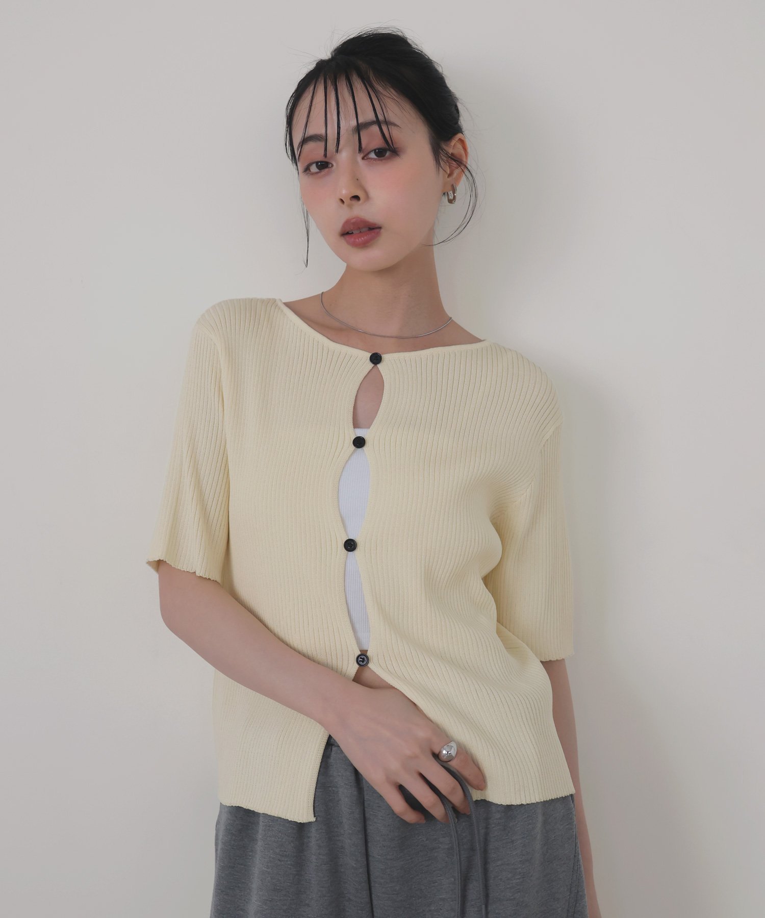 【SALE／10%OFF】LIAN フロントオープンリブニット リアン トップス ニット ブラウン ホワイト イエロー ブラック【送料無料】