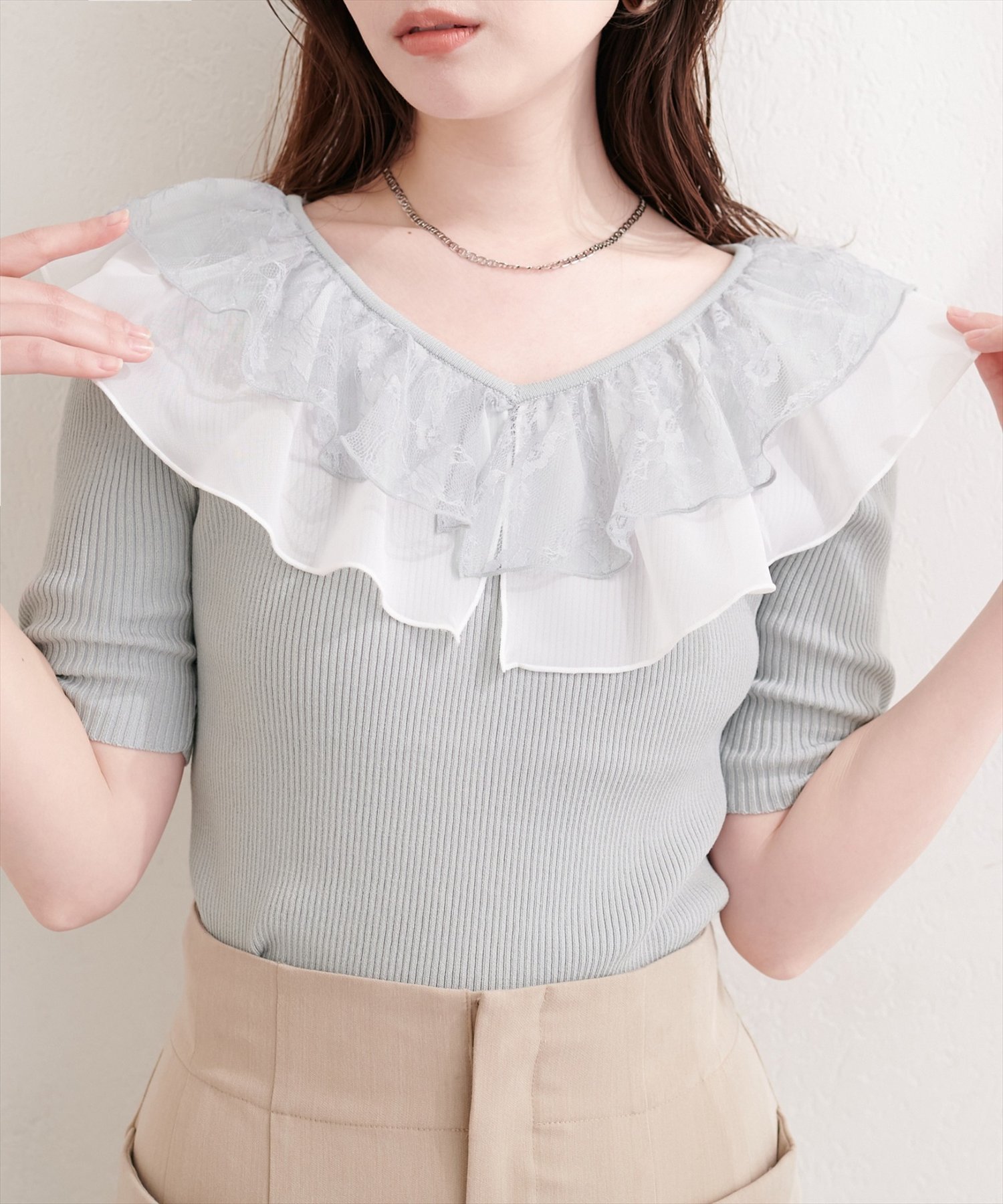 natural couture フリルレースカラーニット ナチュラルクチュール トップス ニット ピンク ホワイト グレー ブラック ベージュ