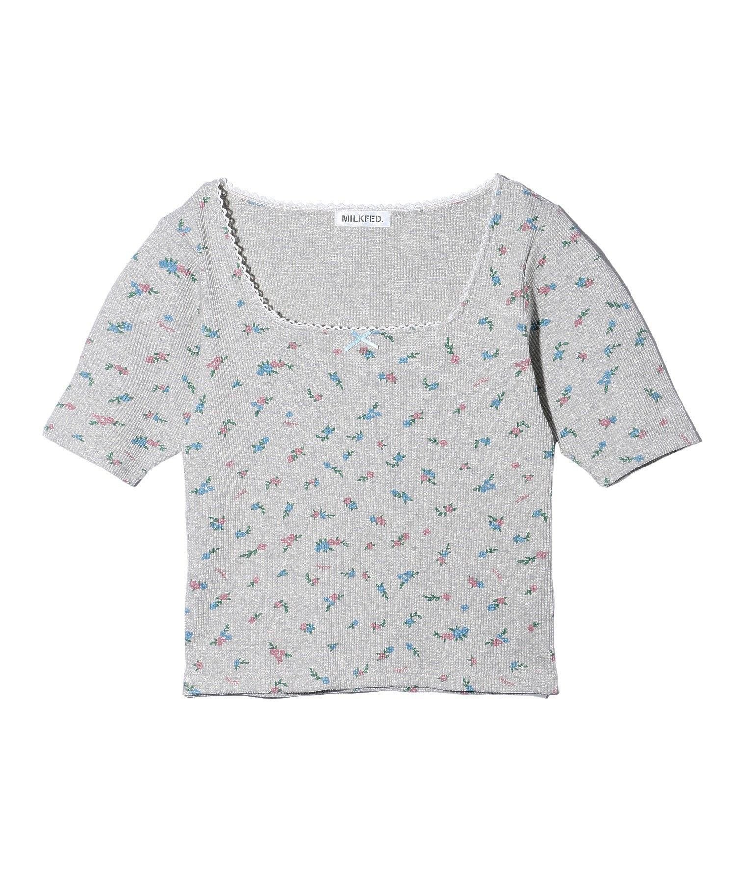 MILKFED. FLORAL PATTERN SQUARE NECK TOP ミルクフェド トップス カットソー・Tシャツ ホワイト グレー
