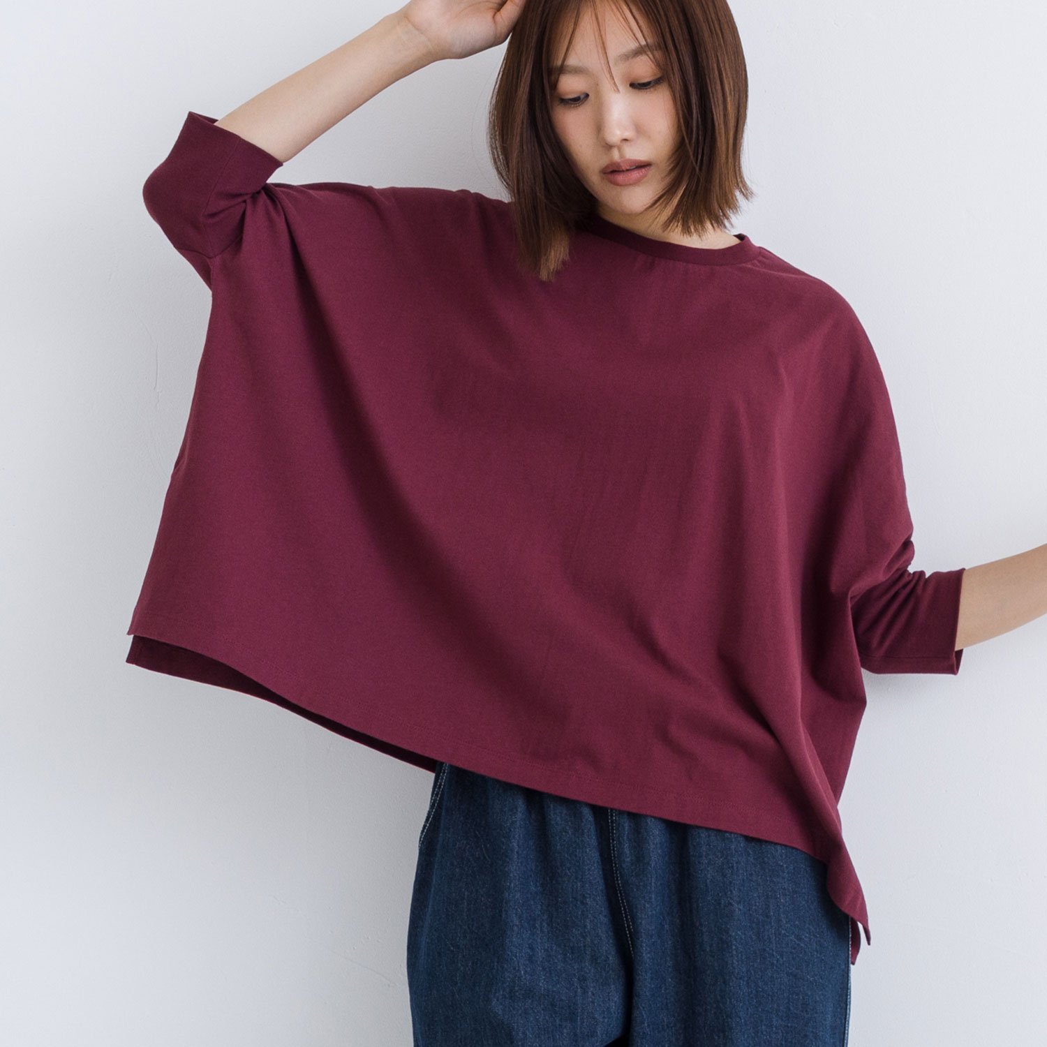 kermu ひんやり接触冷感 リブアクセント7分袖ワイドTシャツ ケルム トップス カットソー・Tシャツ ワインレッド ホワイト ネイビー