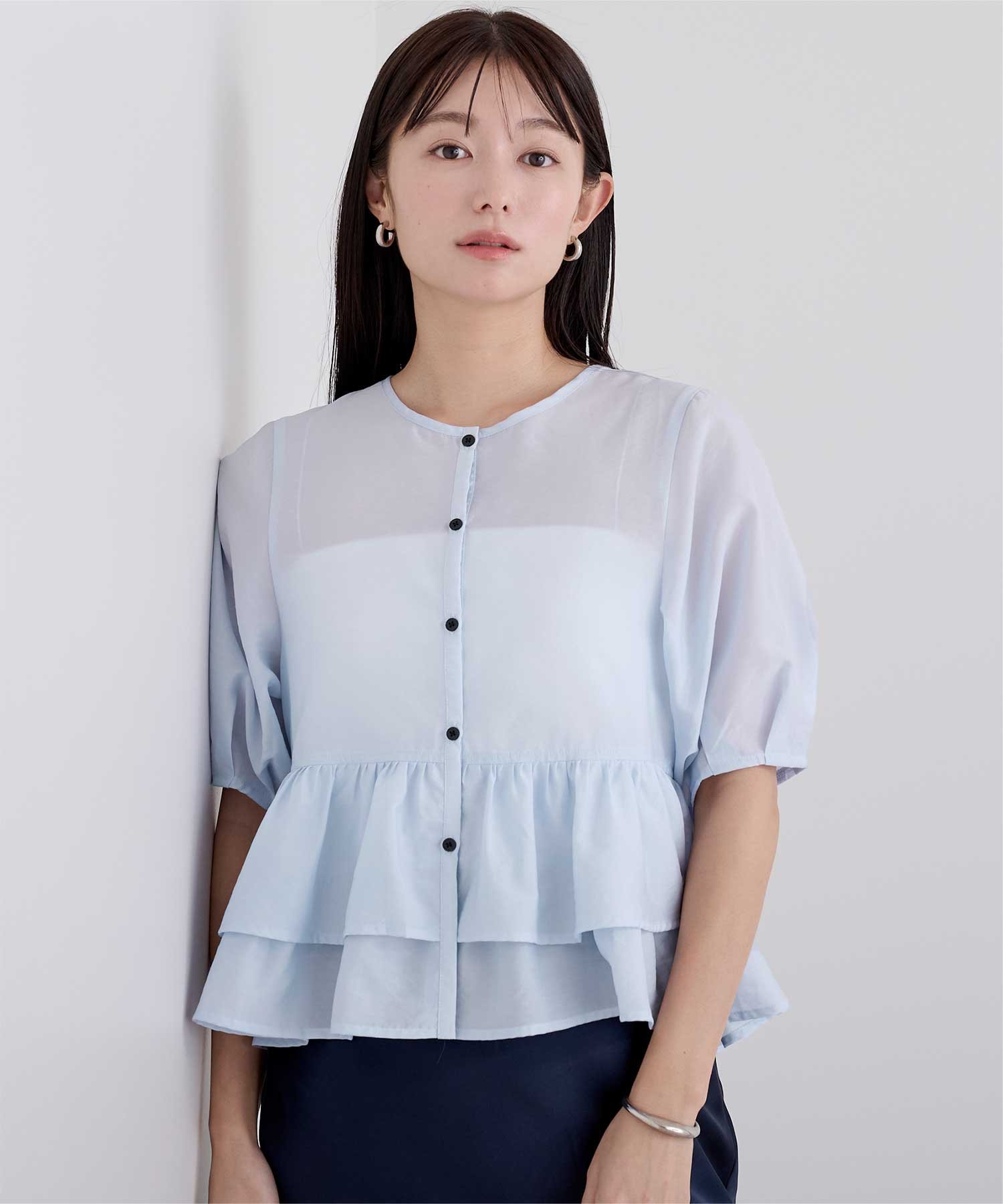 【SALE／49%OFF】ur's ペプラム ショート ランタンスリーブ ブラウス トップス フリル バンドカラー シアー ユアーズ トップス シャツ・ブラウス ホワイト