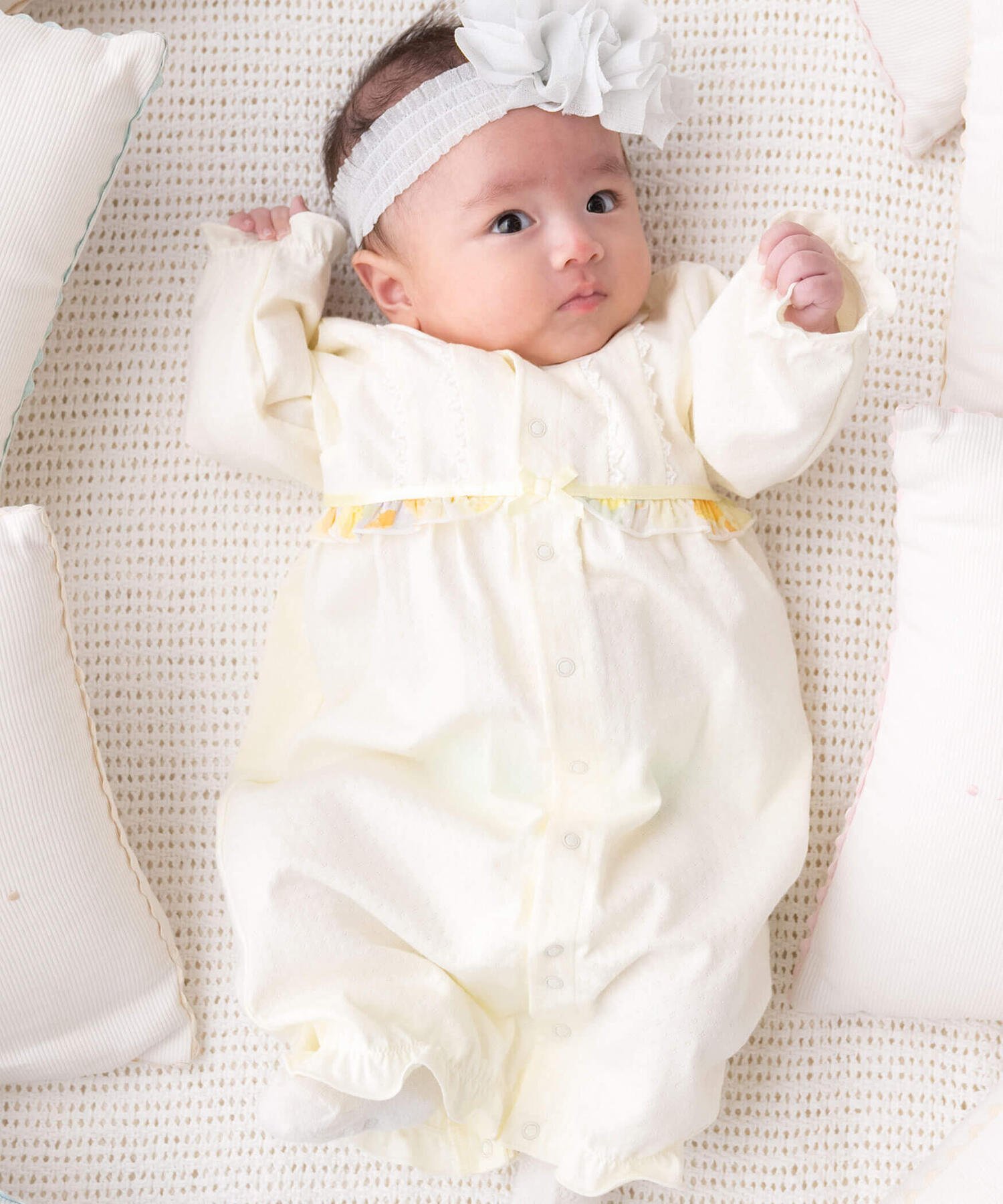 ベベ　ベビー服 fillot de bebe reduction シフォン花プリントレーシーフリル2WAYオール(50~75cm) ベベ オンライン ストア マタニティウェア・ベビー用品 ロンパース・カバーオール イエロー ピンク【送料無料】