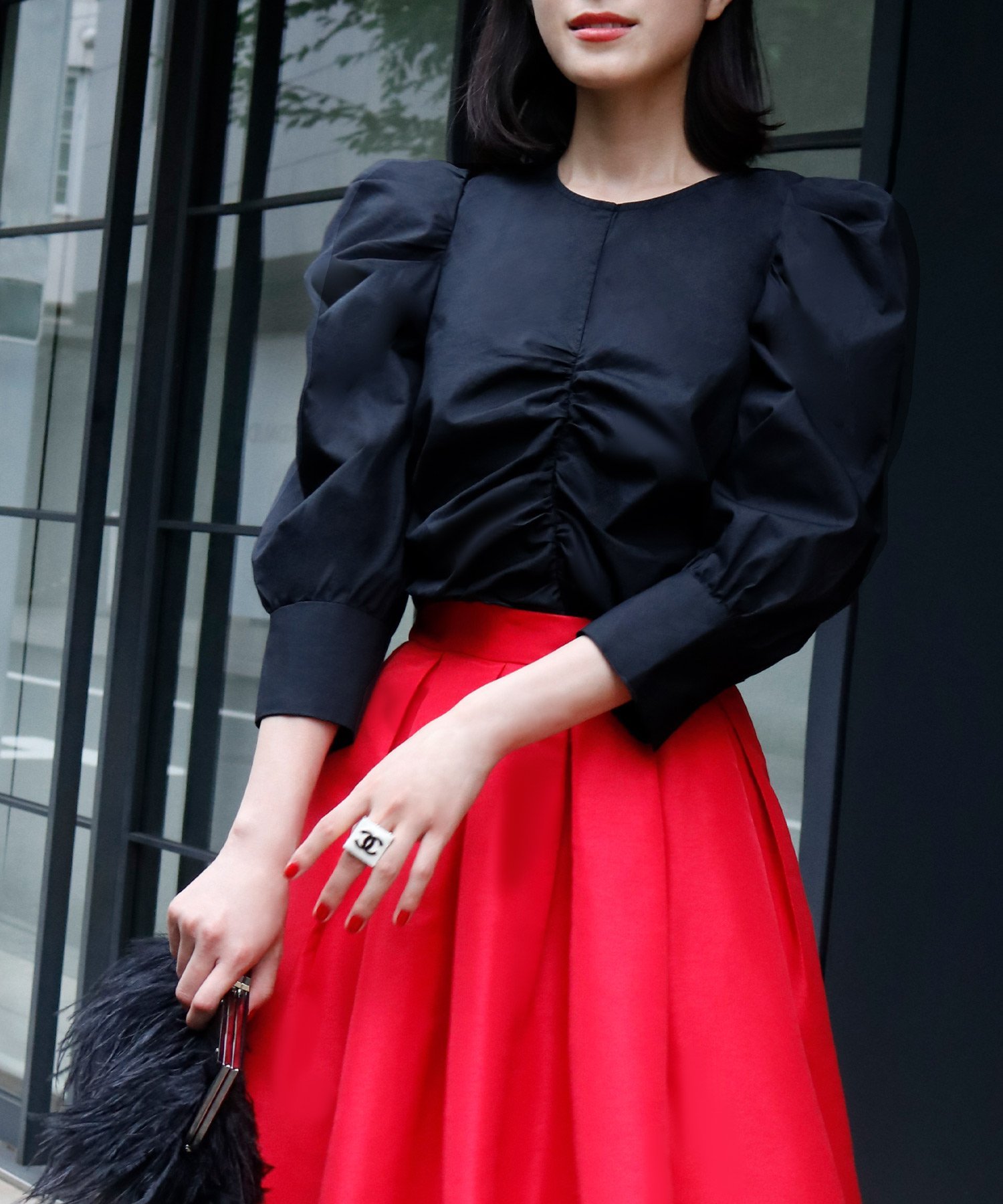 ELFRANK フロントギャザーパワーショルダー七分袖ブラウス ガール トップス シャツ・ブラウス ピンク ..