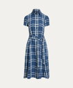 POLO RALPH LAUREN チェック リネン ショートスリーブ シャツドレス ラルフローレン ワンピース・ドレス シャツワンピース ブルー【送料無料】