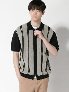 Stripe Cotton Linen Full Zip Knit Polo 11-05-0176-156: Black Stripe Cotton Linen Full Zip Knit Polo 11-05-0176-156: Black