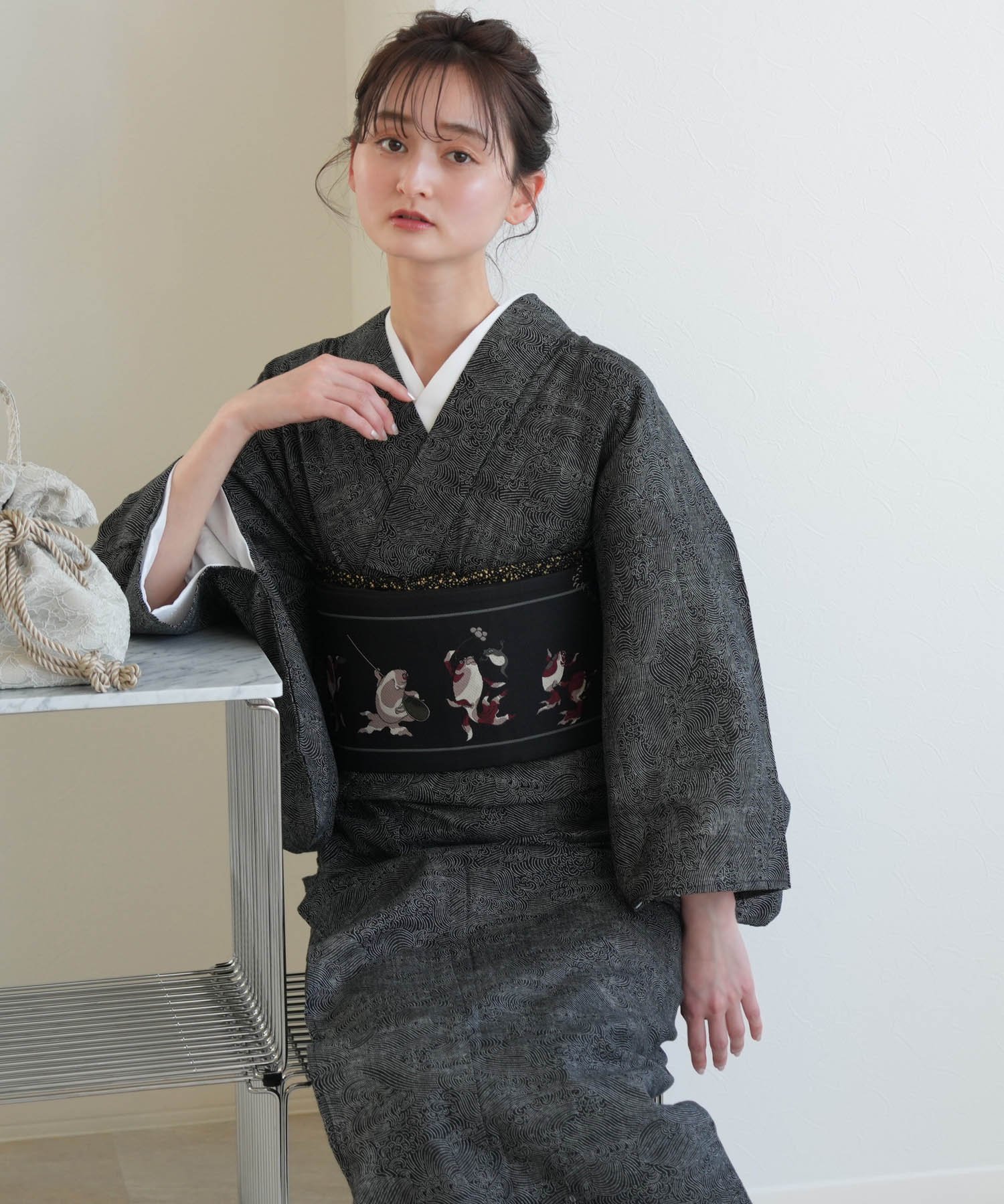 Nico@ntique ニコアンティーク 着物+帯 2点セット 黒の青海波に金魚と猫 ウタタネ ...