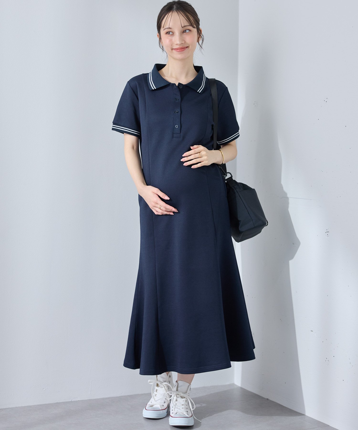【SALE／10%OFF】cross marche マーメイド ポロワンピース/マタニティワンピース(マタニティ/授乳服)授乳口付き 授乳楽々 妊婦服 産前・産後対応 クロスマルシェ マタニティウェア・ベビー用品 マタニティワンピース・フォーマル ブラック ネイビー【送料無料】 2