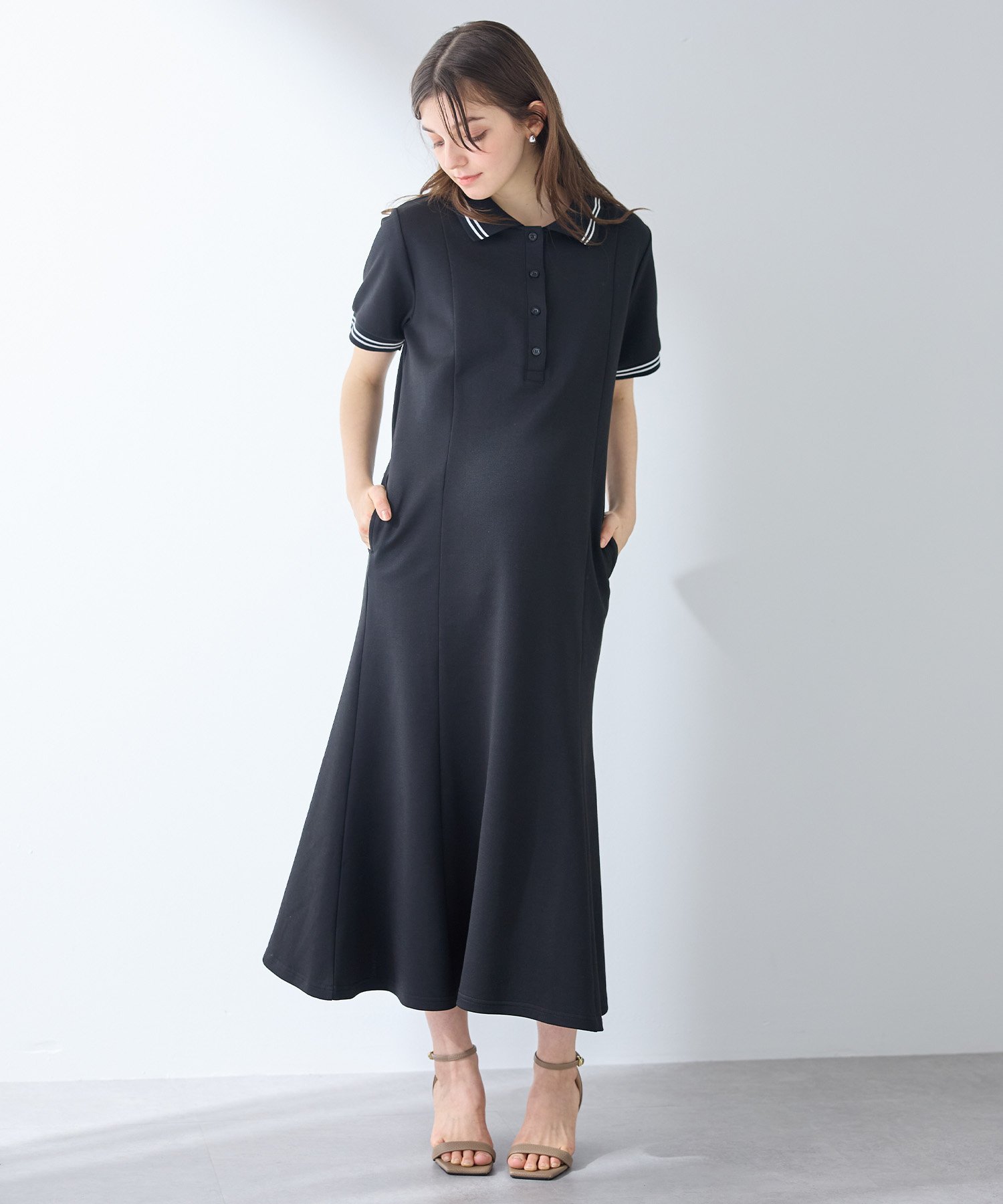 【SALE／10%OFF】cross marche マーメイド ポロワンピース/マタニティワンピース(マタニティ/授乳服)授乳口付き 授乳楽々 妊婦服 産前・産後対応 クロスマルシェ マタニティウェア・ベビー用品 マタニティワンピース・フォーマル ブラック ネイビー【送料無料】 3