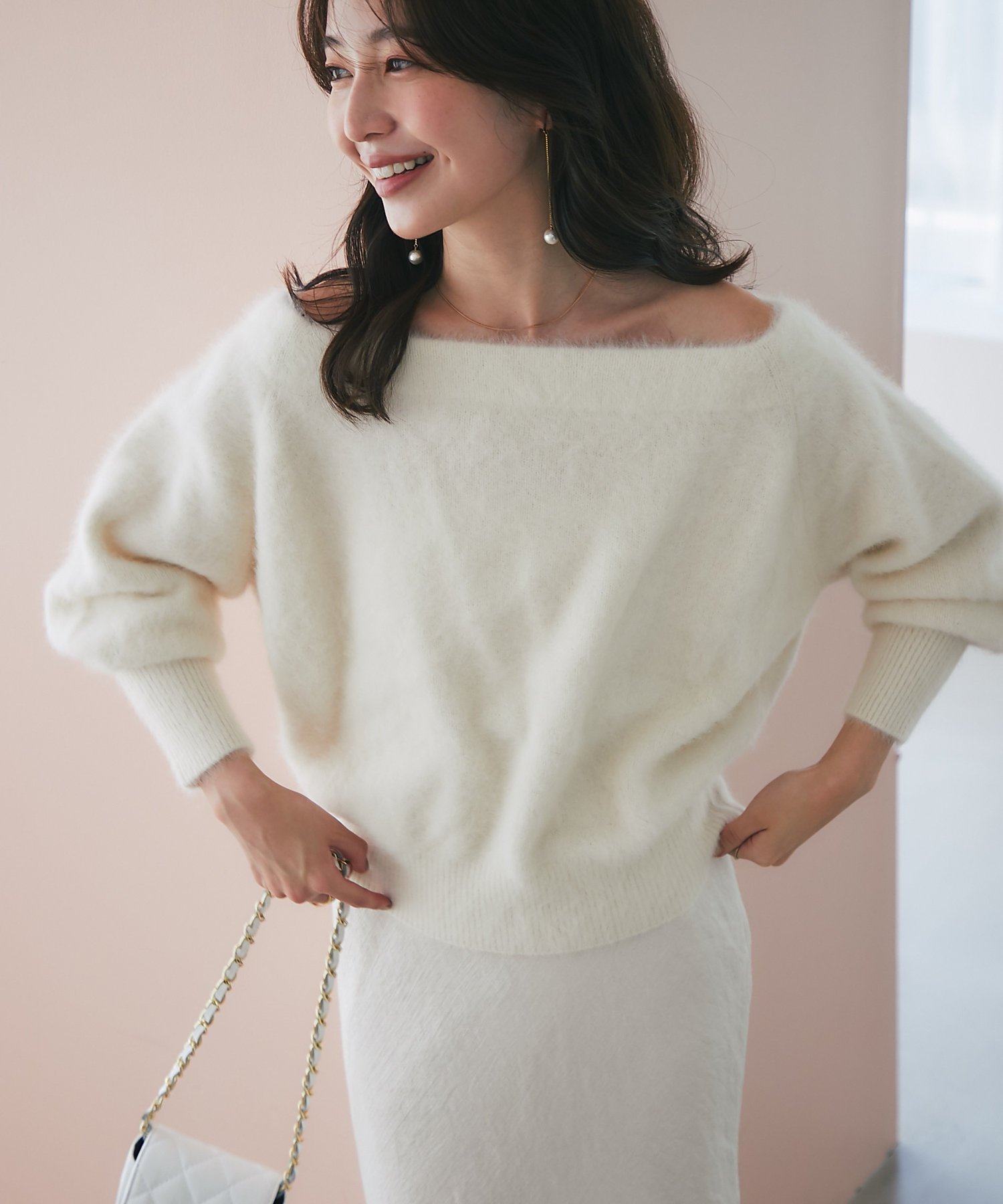 La boutique BonBon ヘアリーウールカシミヤ混オフショルニット ラブティックボンボン トップス ニット パープル ホワイト ブルー ピンク【送料無料】のサムネイル