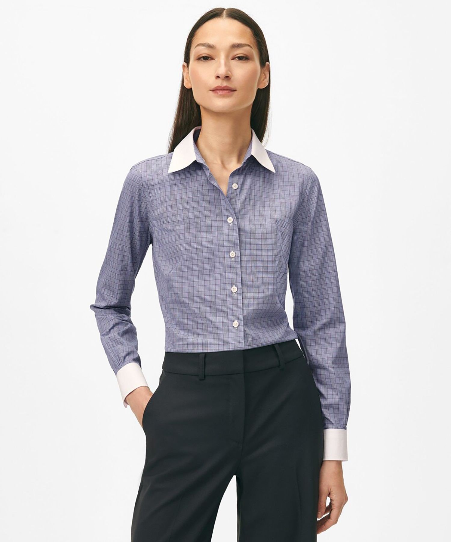 【SALE／20%OFF】BROOKS BROTHERS ノンアイロン スーピマコットンストレッチ チェック クレリックシャツ Fitted Fit ブルックス ブラザーズ トップス シャツ・ブラウス ネイビー【送料無料】のサムネイル