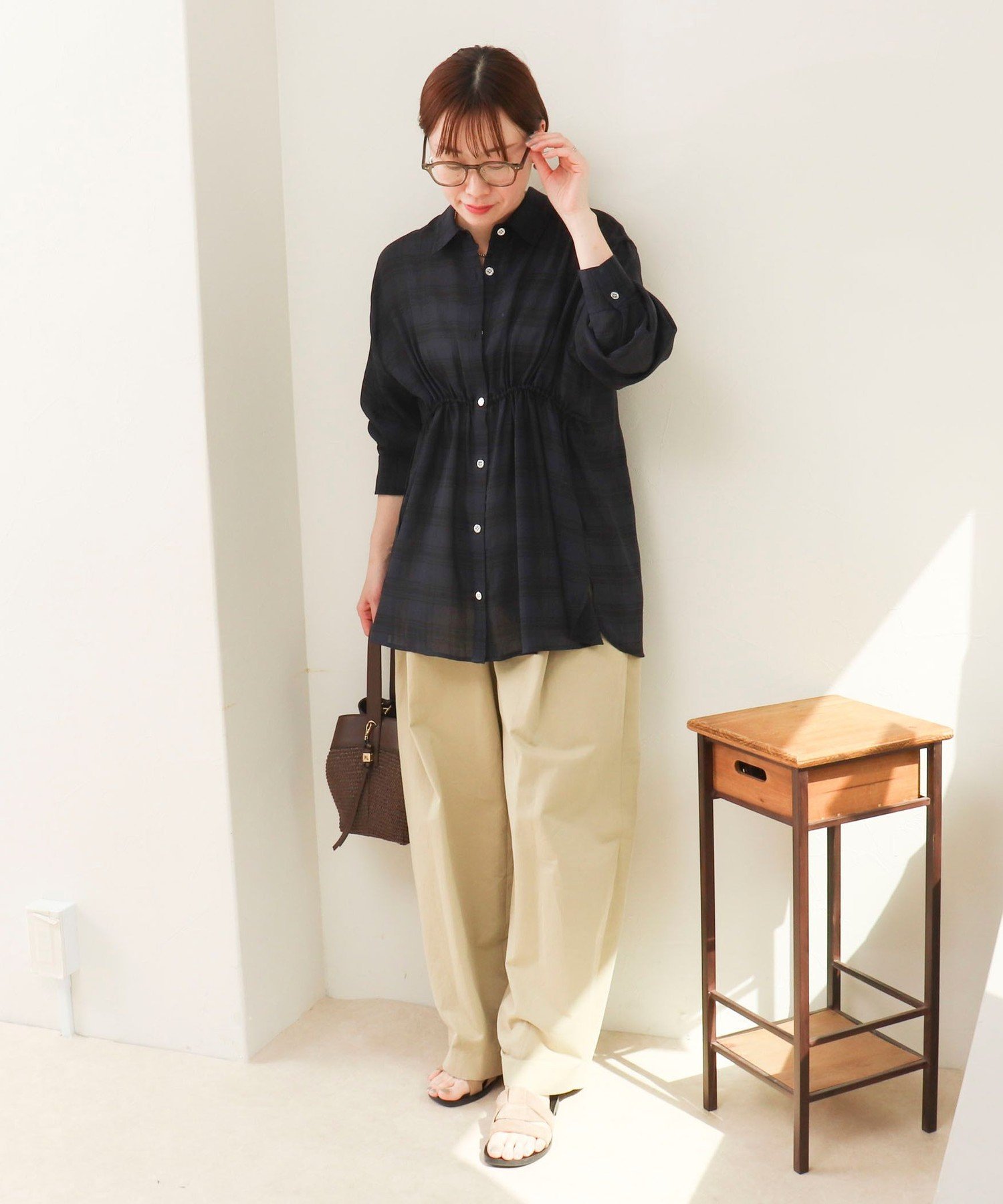 【SALE／30%OFF】MICO COULIER ウエスト絞りチェックシャツ ノーリーズ トップス シャツ・ブラウス ブルー ホワイト【送料無料】