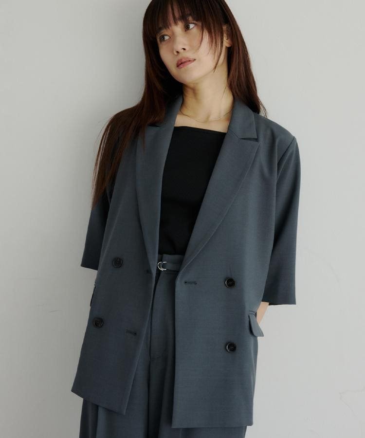 【SALE／43%OFF】THE SHOP TK 【セットアップ可】麻調ダブルブレスト 6分袖ジャケット ザ ショップ ティーケー ジャケット・アウター テーラードジャケット・ブレザー グレー【送料無料】