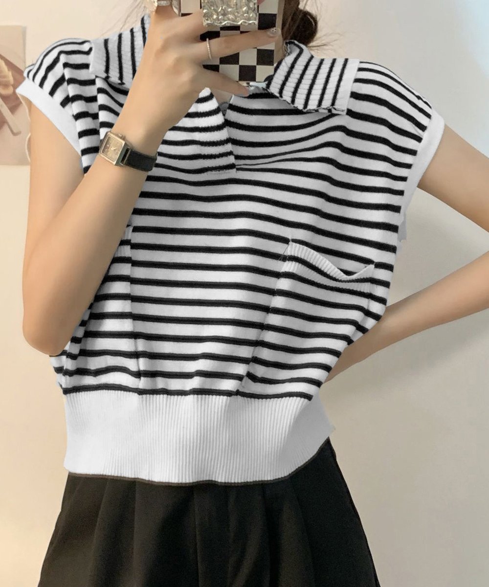 【SALE／30%OFF】miniministore フレンチスリーブポロニット ボーダー柄 ミニミニストア トップス ニット ホワイト ブラック