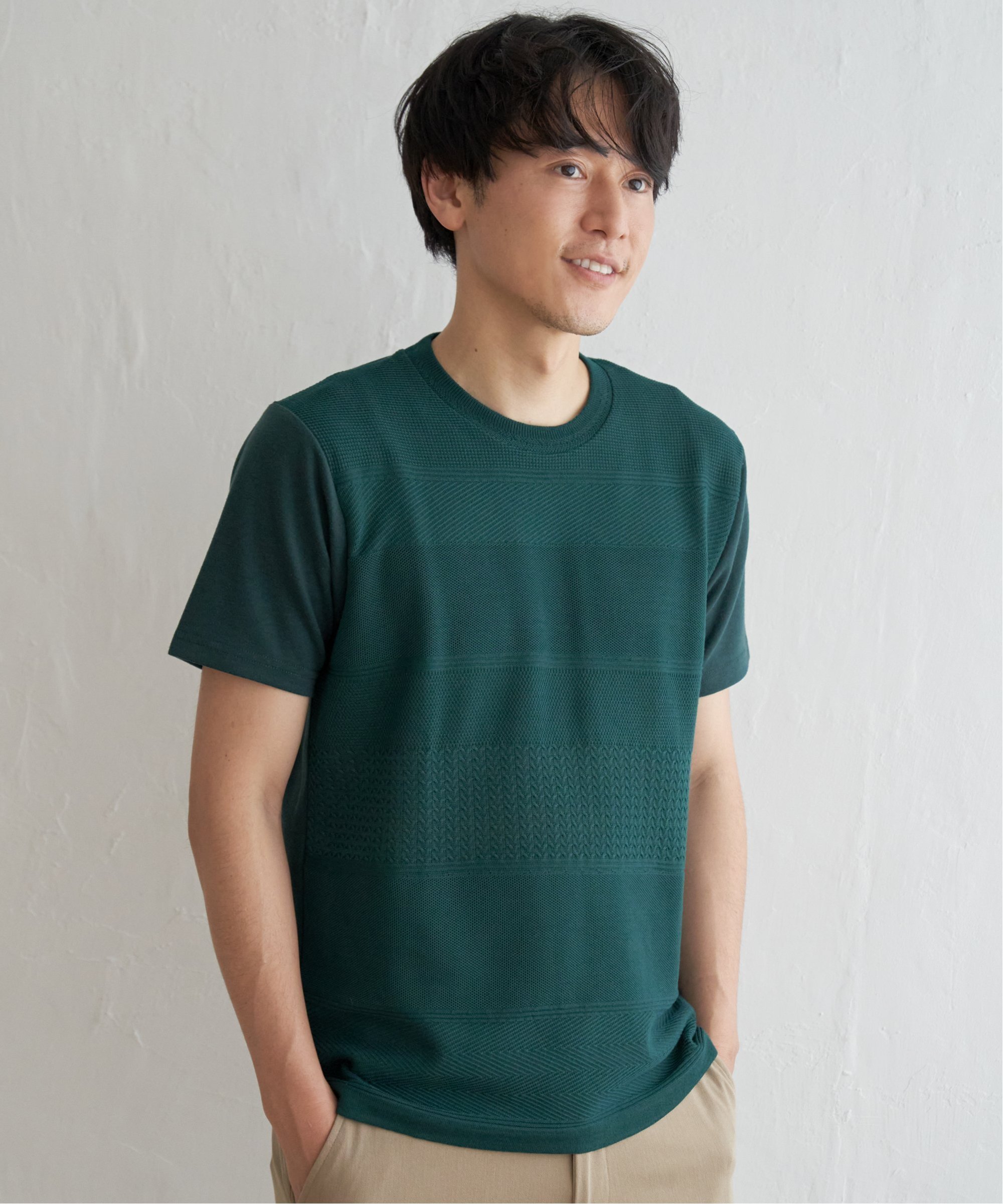 ikka ニットコンビポンチTシャツ イッカ トップス カットソー・Tシャツ ブルー グリーン ベージュ ネイビー