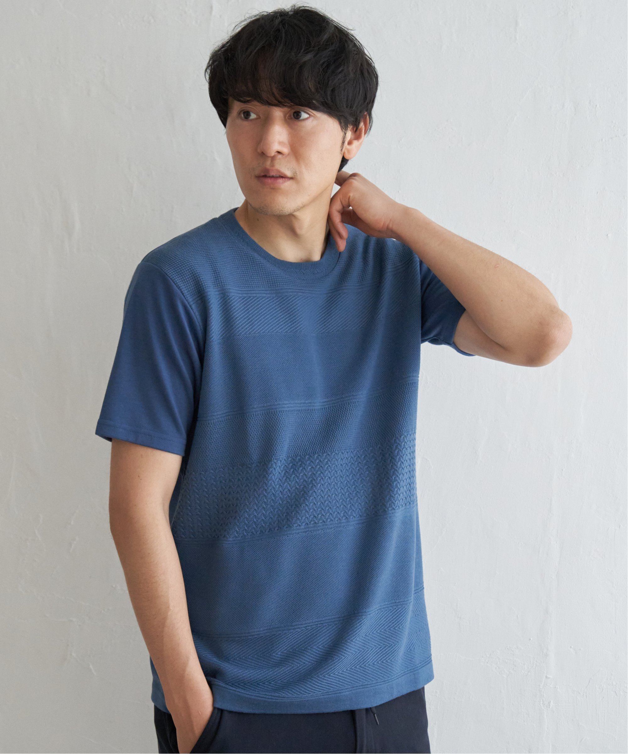 ikka ニットコンビポンチTシャツ イッカ トップス カットソー・Tシャツ ブルー グリーン ベージュ ネイビー