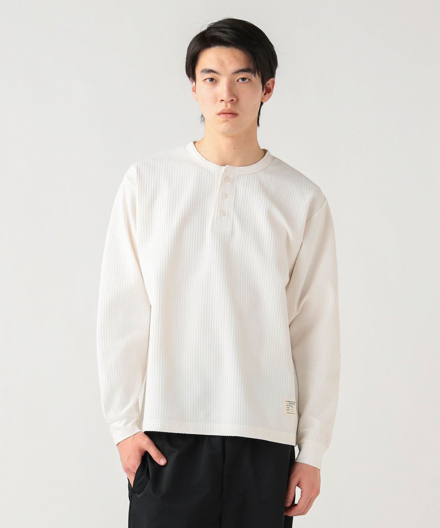 BEAMS HEART MEN ポリエステル ワッフル ヘンリーネック カットソー ビームス ハート トップス カットソー・Tシャツ ホワイト ブラック【送料無料】