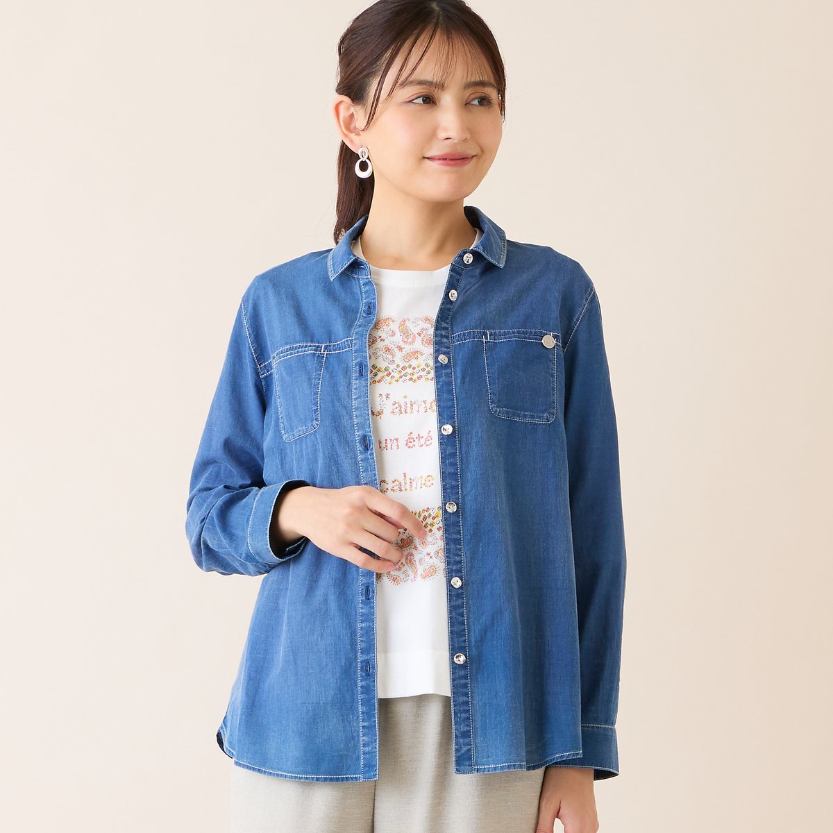 LOBJIE 【洗える】デニムガーゼシャツ ロブジェ トップス シャツ・ブラウス ネイビー
