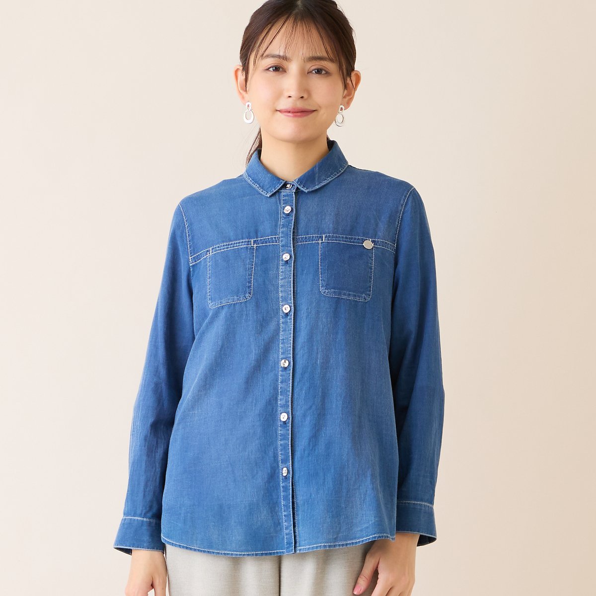 LOBJIE 【洗える】デニムガーゼシャツ ロブジェ トップス シャツ・ブラウス ネイビー