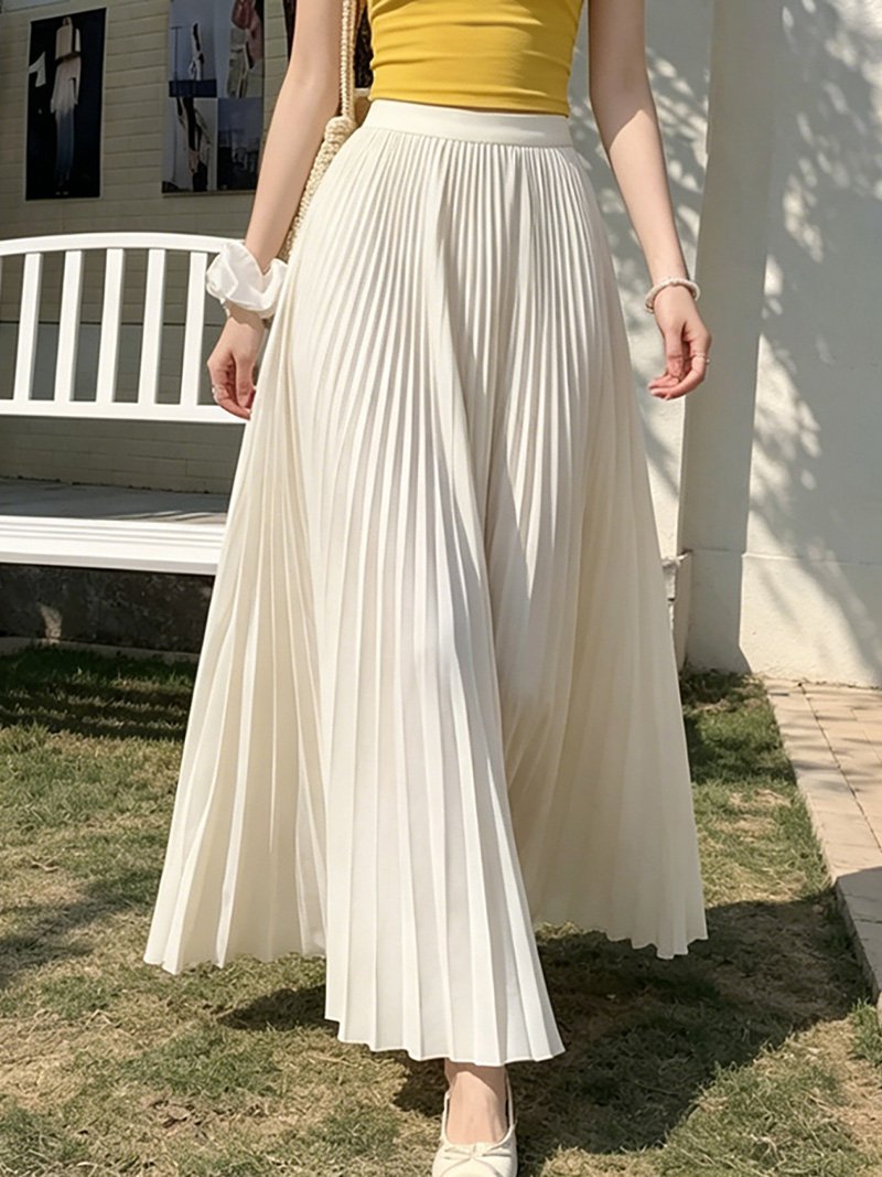 【SALE/25% OFF】Doux Belle Pleated Long Skirt for Women - Bottoms, Long/Maxi Skirt, Pink, Purple, Khaki Green, Beige, Black, White, Blue 【Free Shipping】