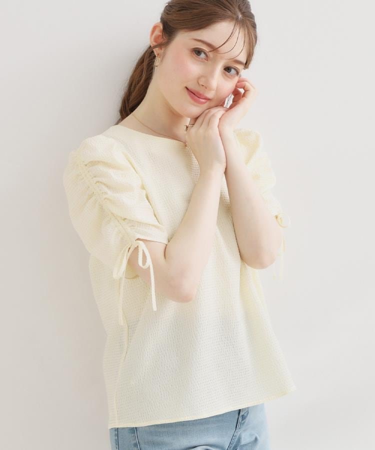 【洗える】シャーリング チェックブラウス クチュールブローチ トップス シャツ・ブラウス ブラウン イエロー ブラック