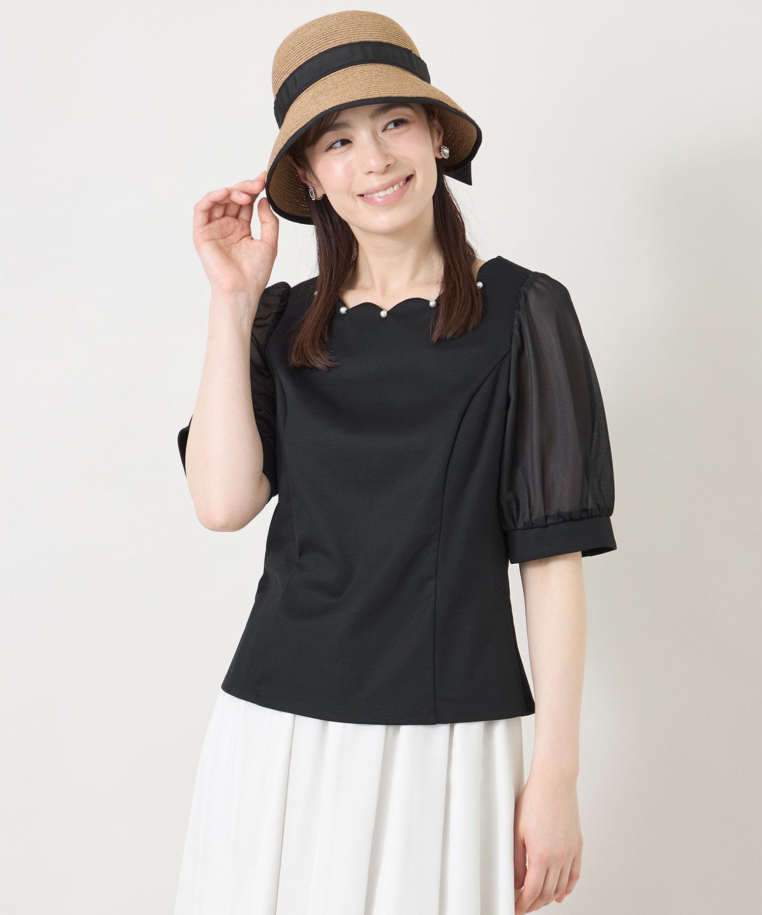 TO BE CHIC スカラップ*シアースリーブ プルオーバー トゥー ビー シック トップス カットソー・Tシャツ ホワイト ワインレッド ピンク ブラック ベージュ