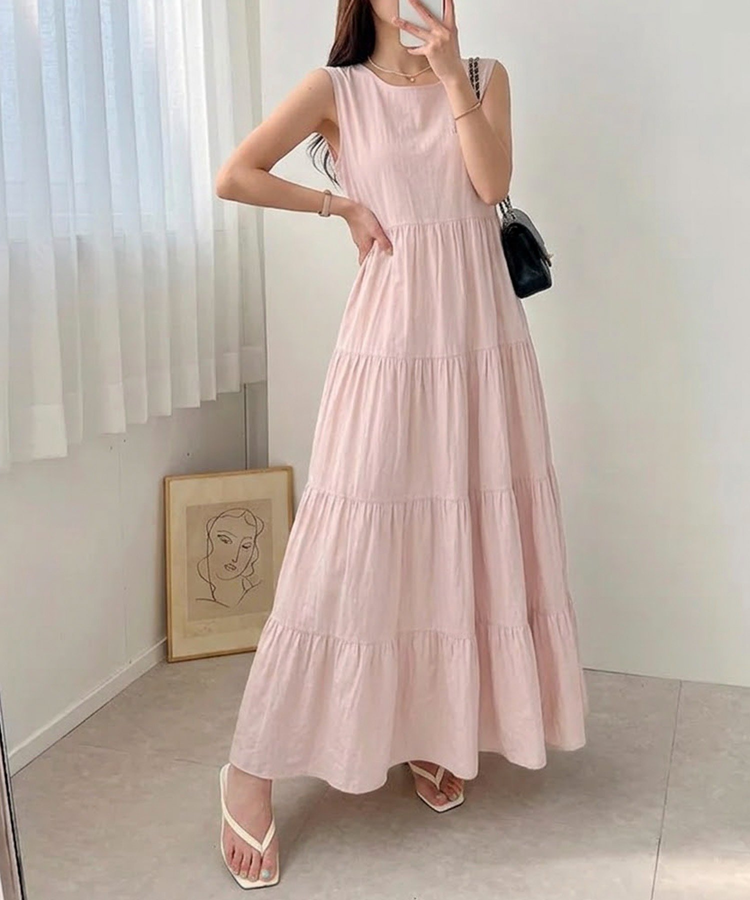 【SALE／30%OFF】Maison Calme たっぷりギャザーリラクシーティアードノースリーブロングワンピース チームストア ワンピース・ドレス ワンピース ピンク ブラック ベージュ
