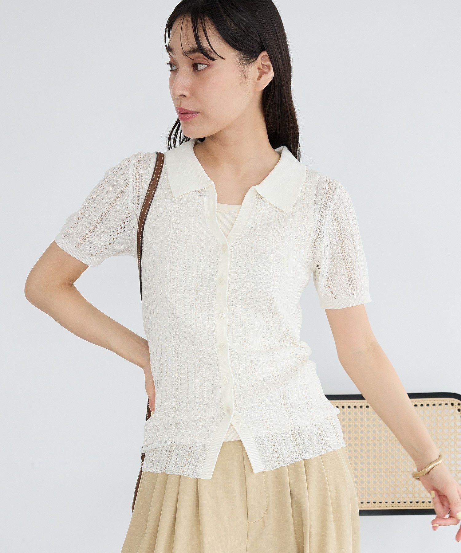 【SALE／60%OFF】CRAFT STANDARD BOUTIQUE レースニット衿付き半袖カーディガン クラフトスタンダードブティック トップス カーディガン ホワイト