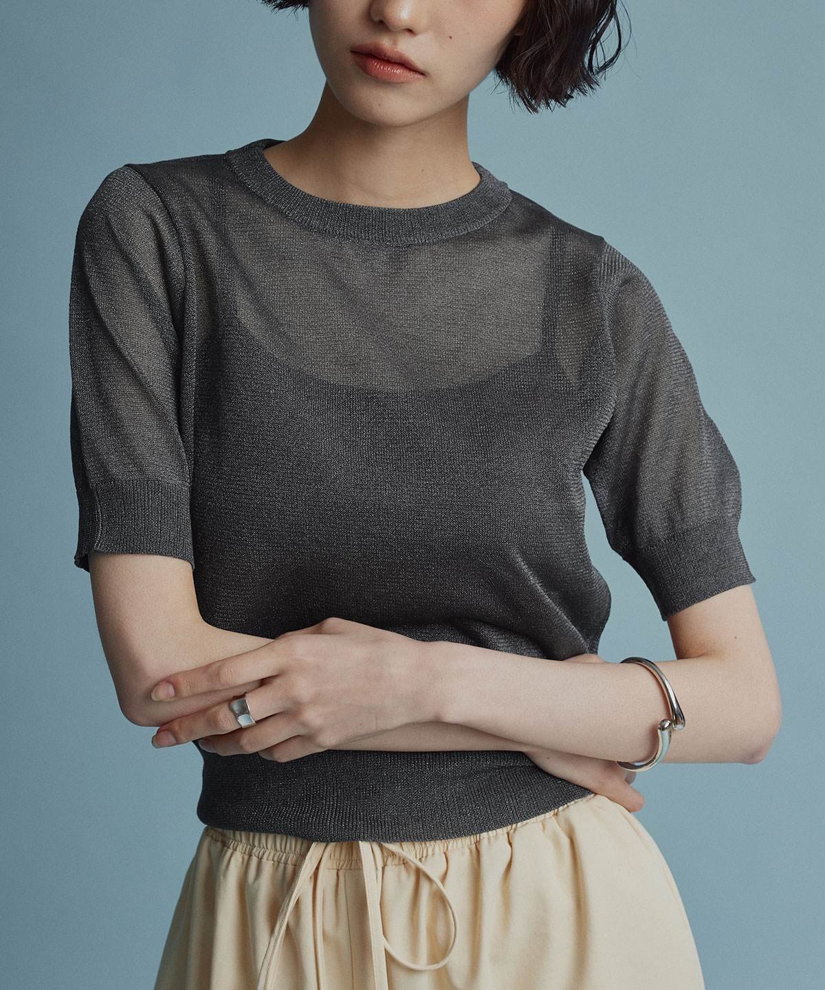 【SALE／30%OFF】W:Huku バイカラーシャイニーニットハーフスリーブトップス フーク トップス ニット ブラウン オレンジ ベージュ ホワイト グレー【送料無料】